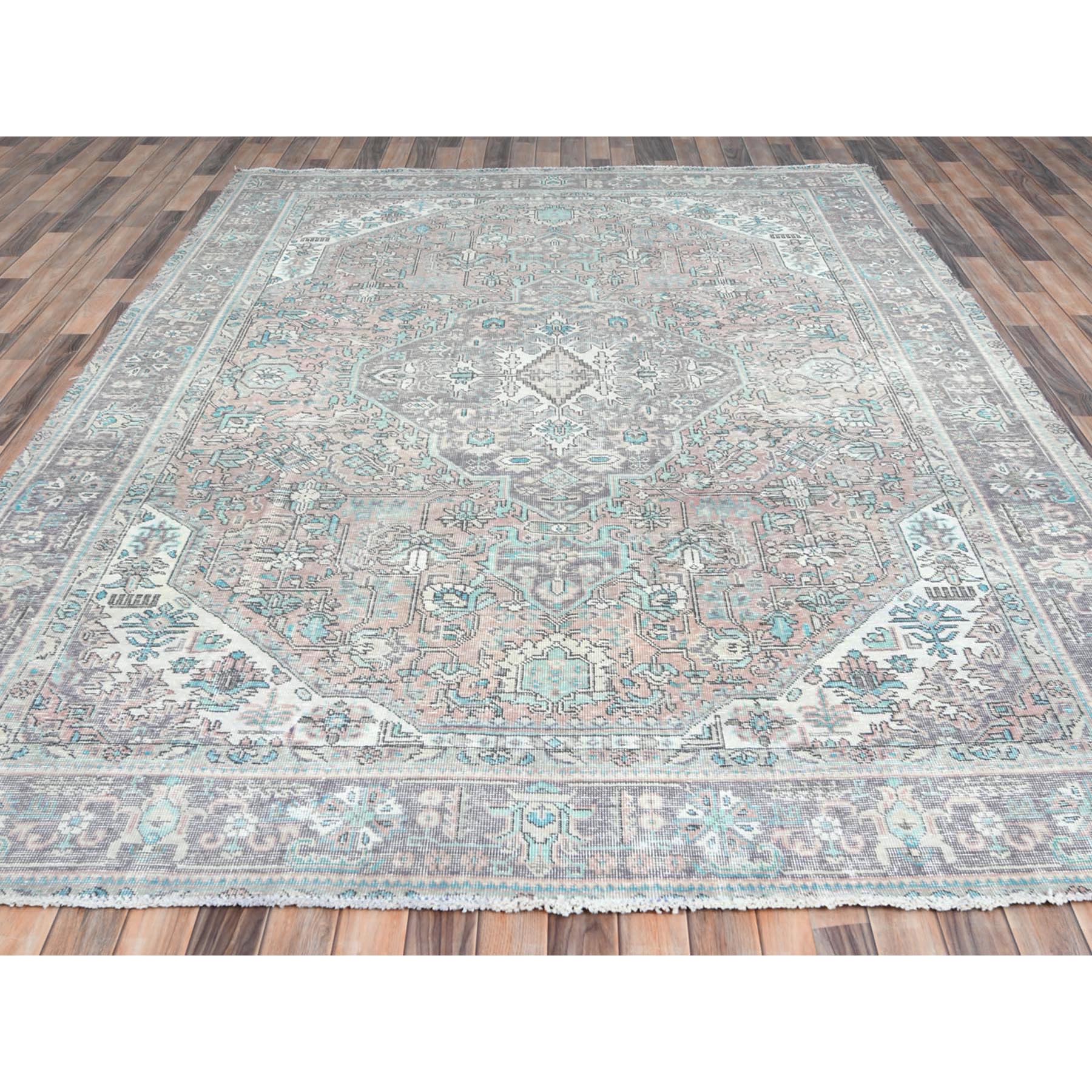 8'x10'8" Peach Color Distressed Look Vintage Persian Tabriz, Hand Knotted Worn Wool Sheared Low Shabby Chic Oriental Rug Sh61978