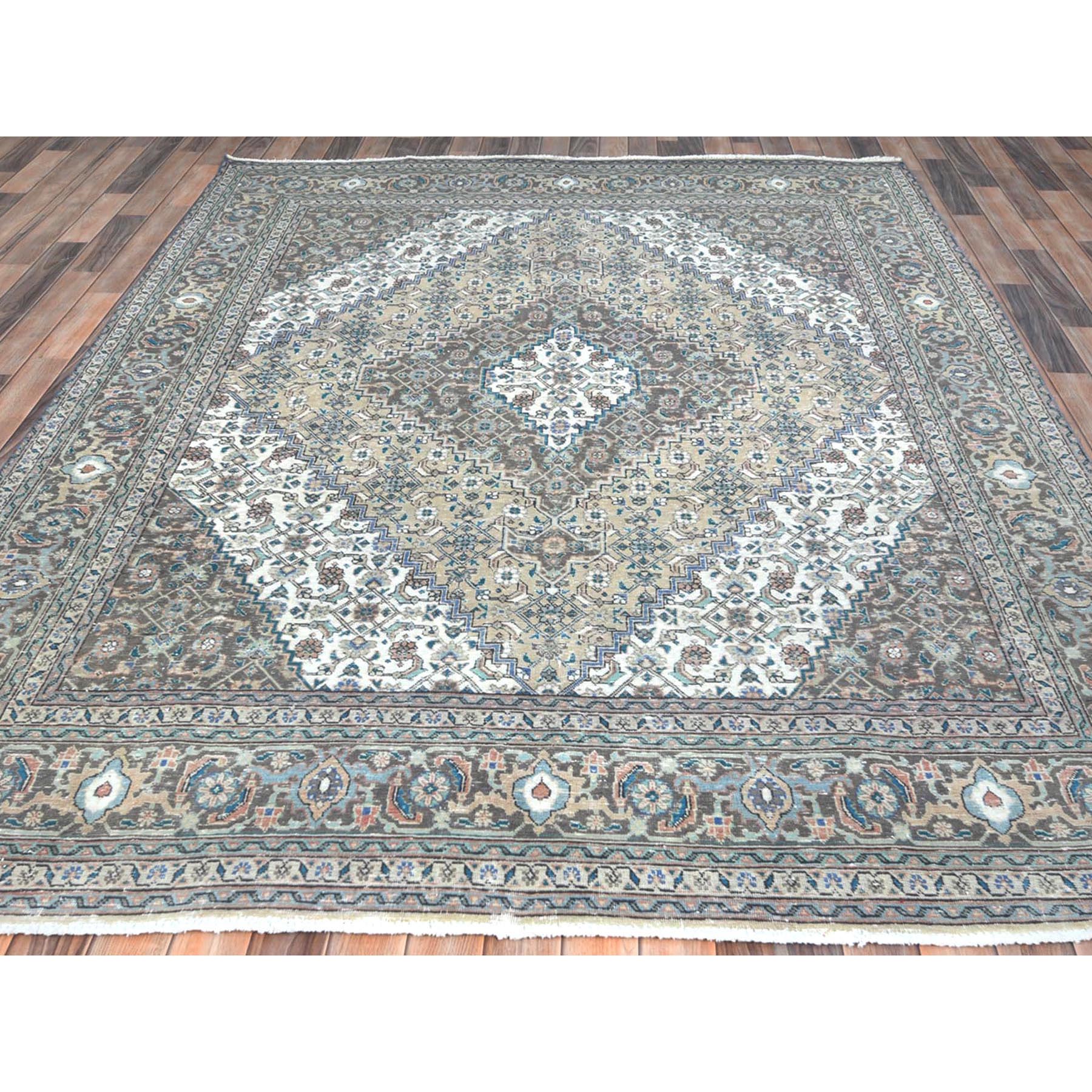 7'1"x9'9" Ivory Hand Knotted Cropped Thin, Worn Wool Shabby Chic Distressed Look Vintage Persian Tabriz Oriental Rug Sh61989