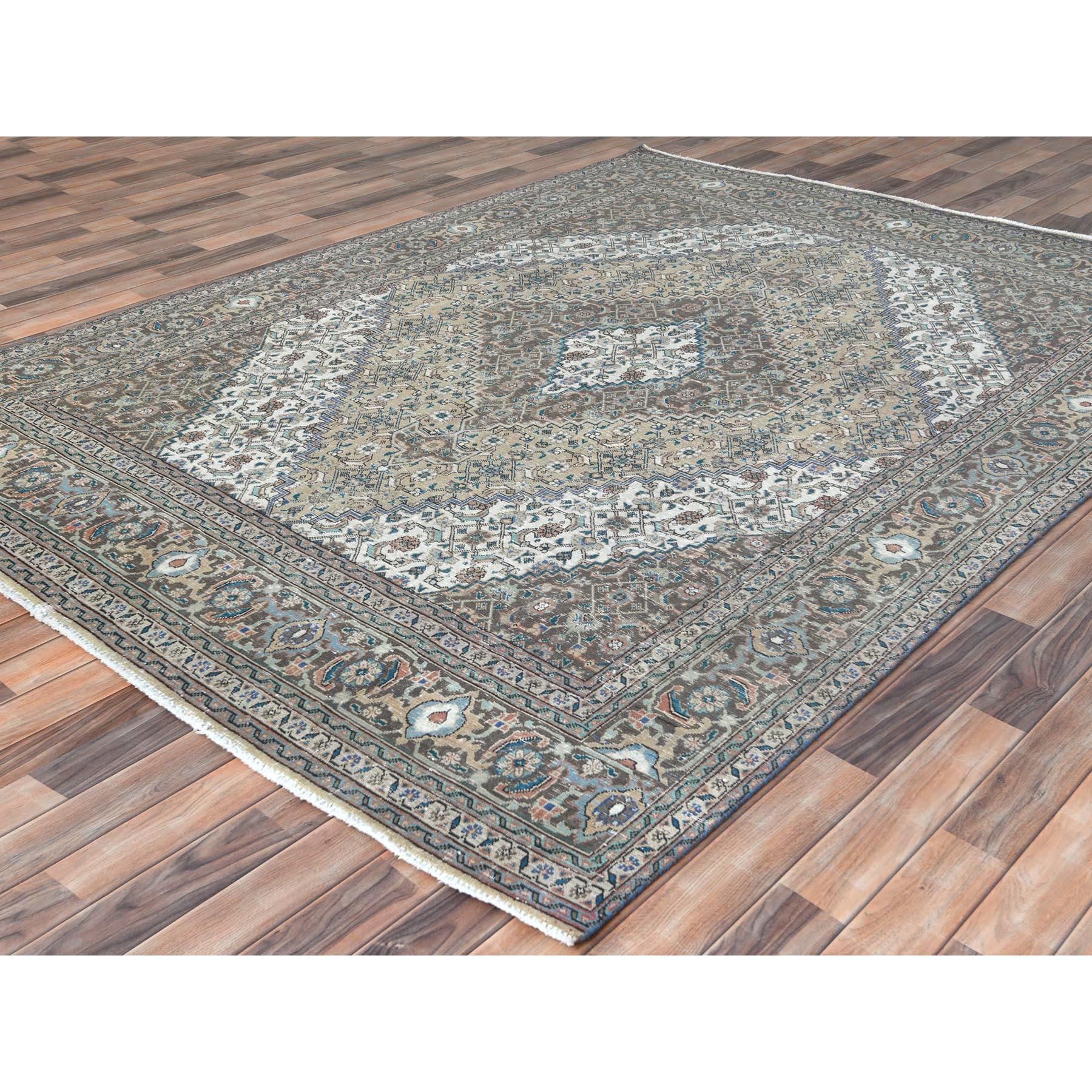 7'1"x9'9" Ivory Hand Knotted Cropped Thin, Worn Wool Shabby Chic Distressed Look Vintage Persian Tabriz Oriental Rug Sh61989