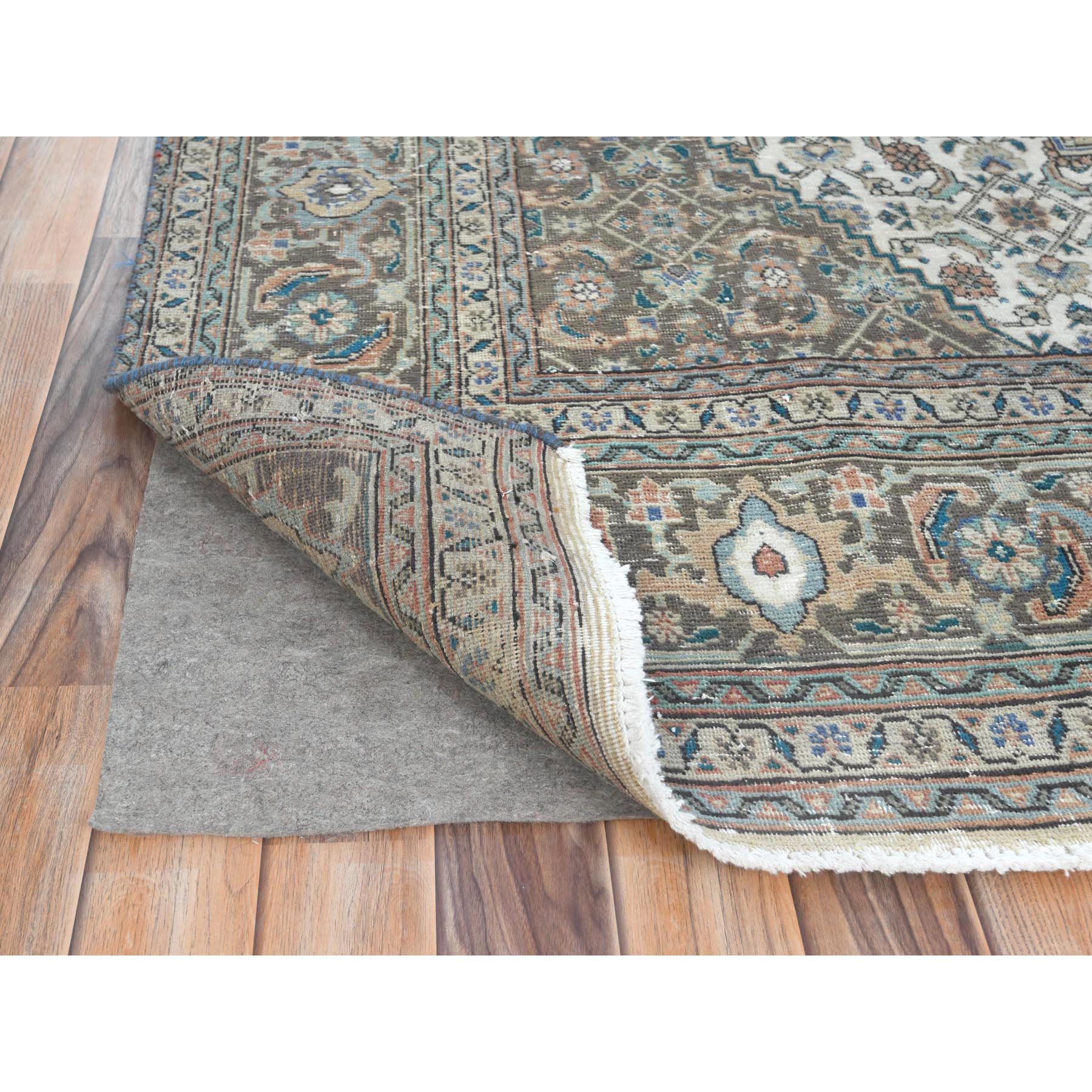 7'1"x9'9" Ivory Hand Knotted Cropped Thin, Worn Wool Shabby Chic Distressed Look Vintage Persian Tabriz Oriental Rug Sh61989