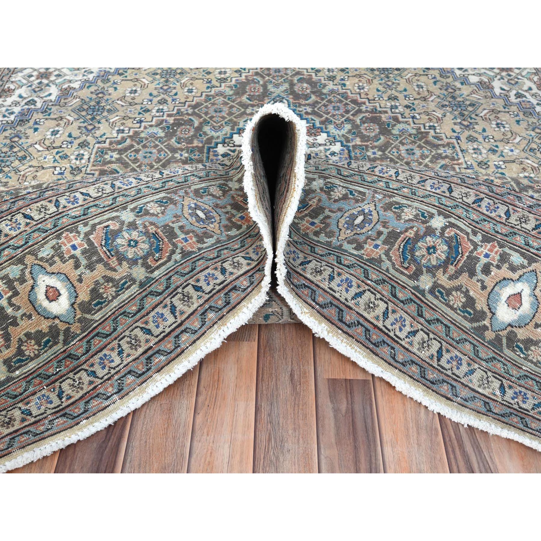 7'1"x9'9" Ivory Hand Knotted Cropped Thin, Worn Wool Shabby Chic Distressed Look Vintage Persian Tabriz Oriental Rug Sh61989