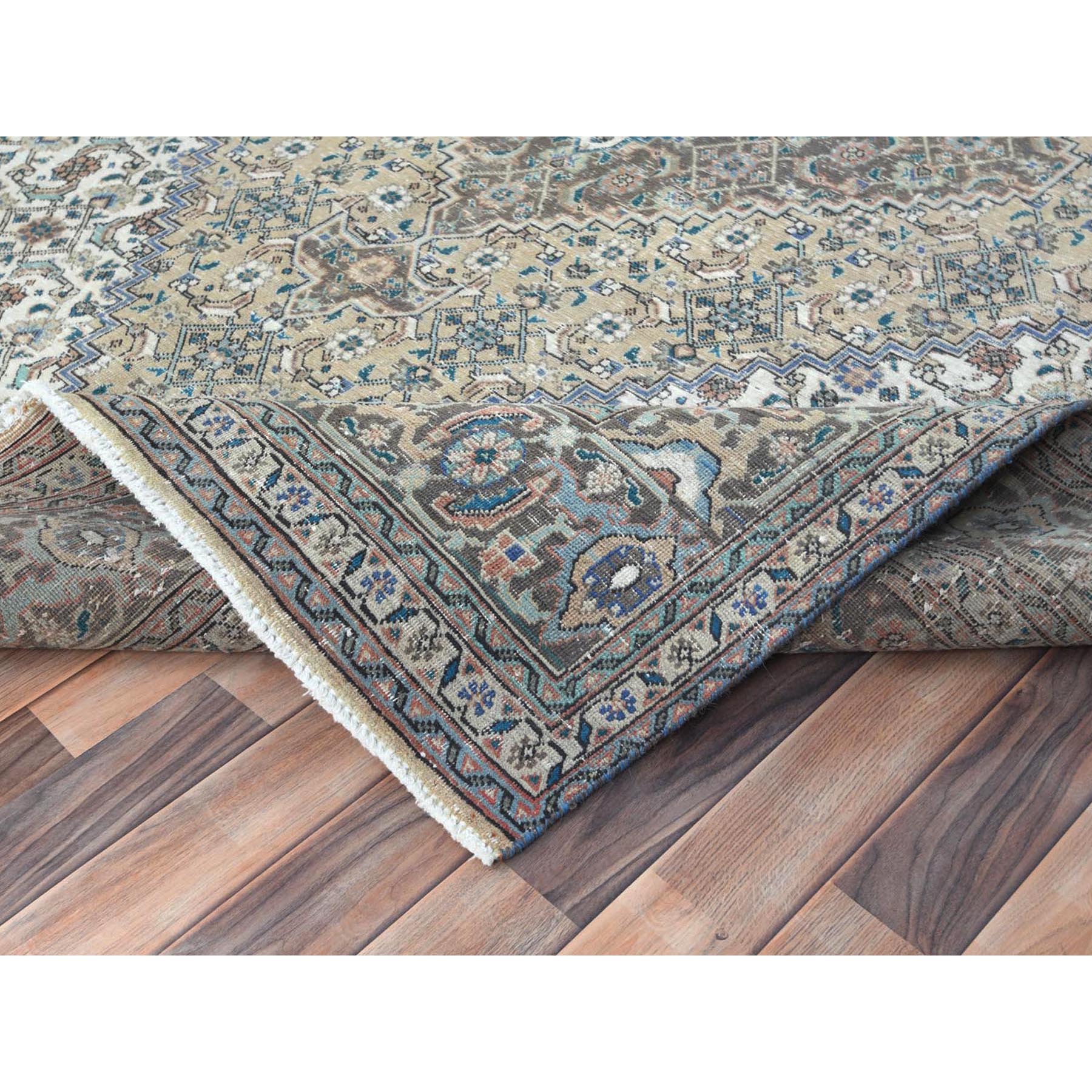 7'1"x9'9" Ivory Hand Knotted Cropped Thin, Worn Wool Shabby Chic Distressed Look Vintage Persian Tabriz Oriental Rug Sh61989