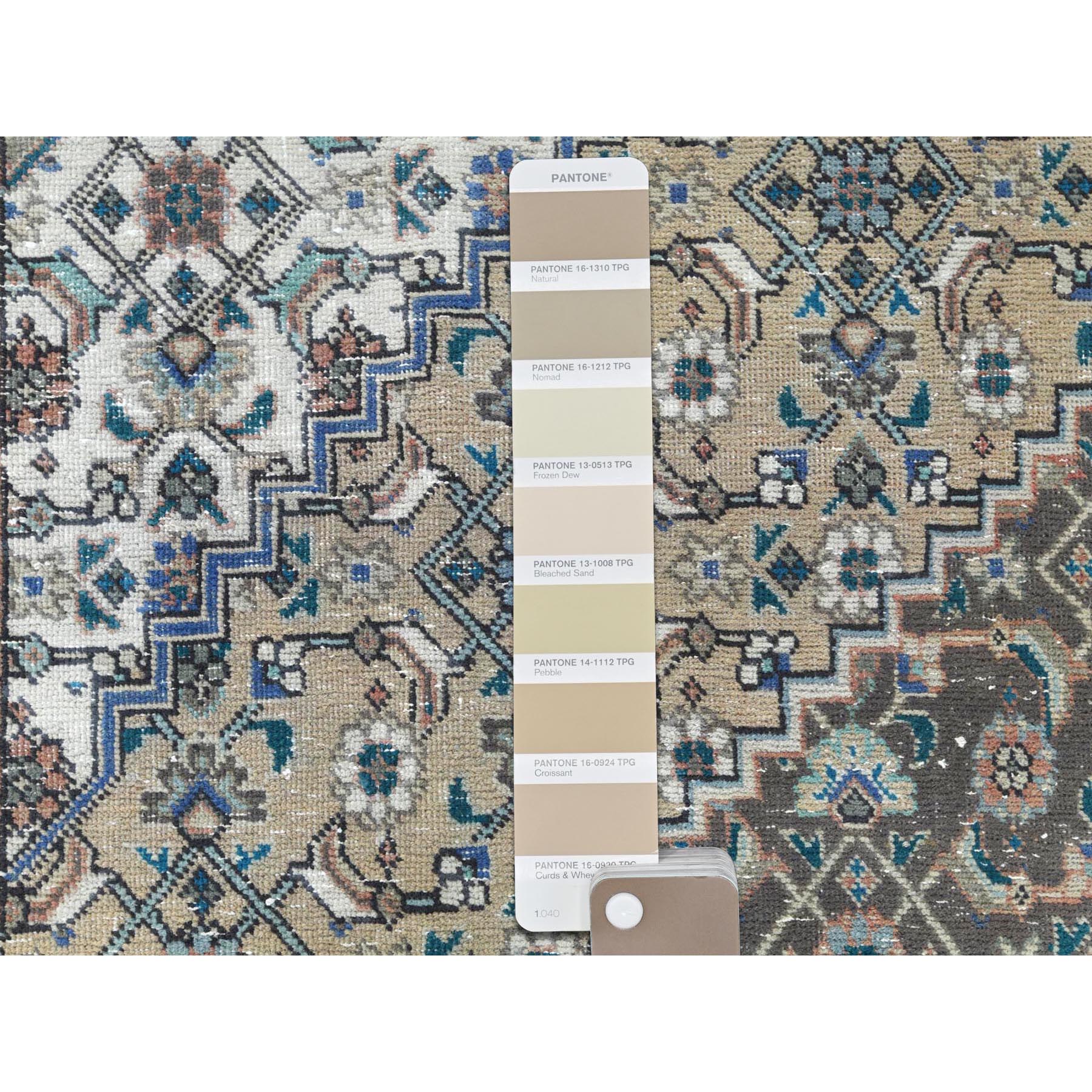 7'1"x9'9" Ivory Hand Knotted Cropped Thin, Worn Wool Shabby Chic Distressed Look Vintage Persian Tabriz Oriental Rug Sh61989