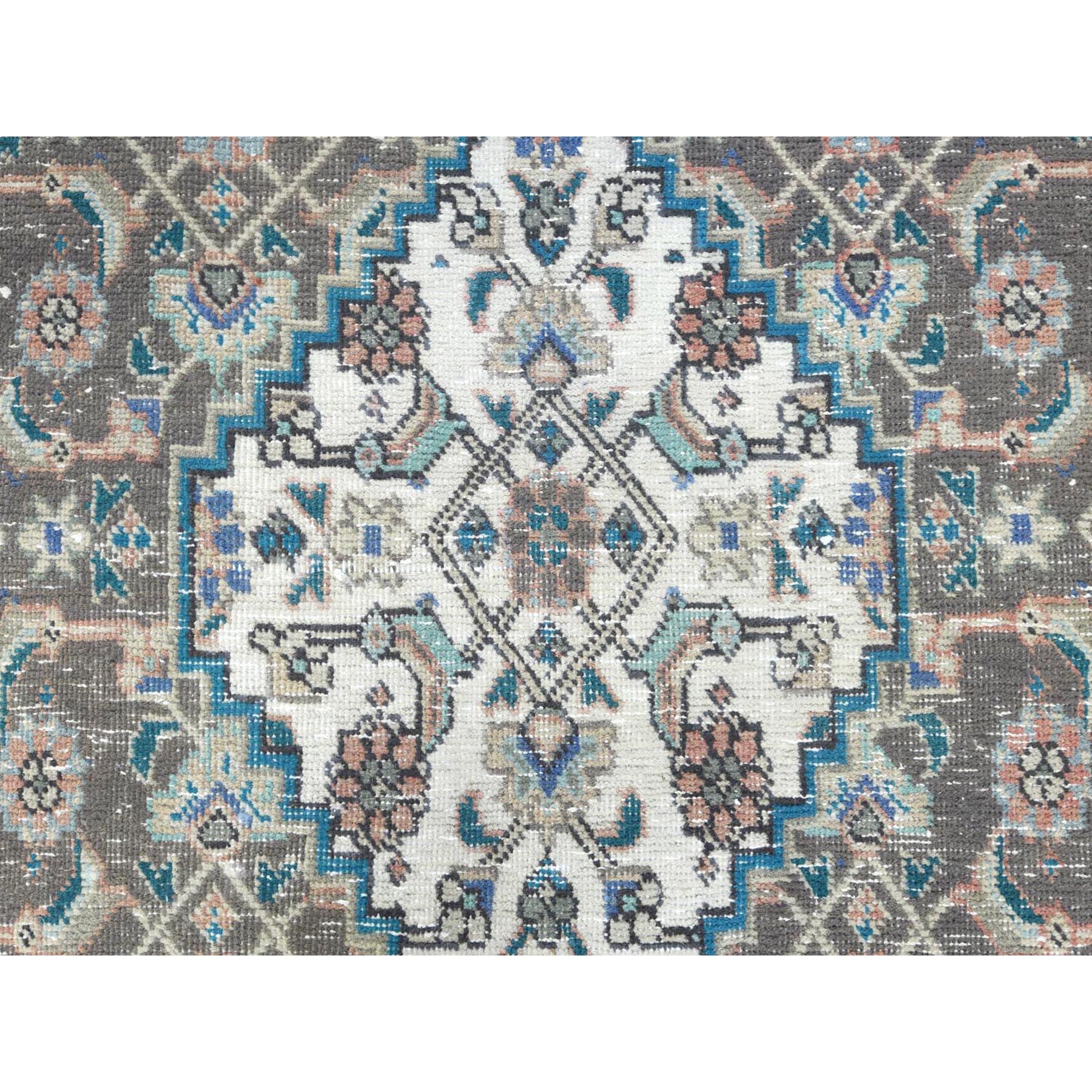 7'1"x9'9" Ivory Hand Knotted Cropped Thin, Worn Wool Shabby Chic Distressed Look Vintage Persian Tabriz Oriental Rug Sh61989