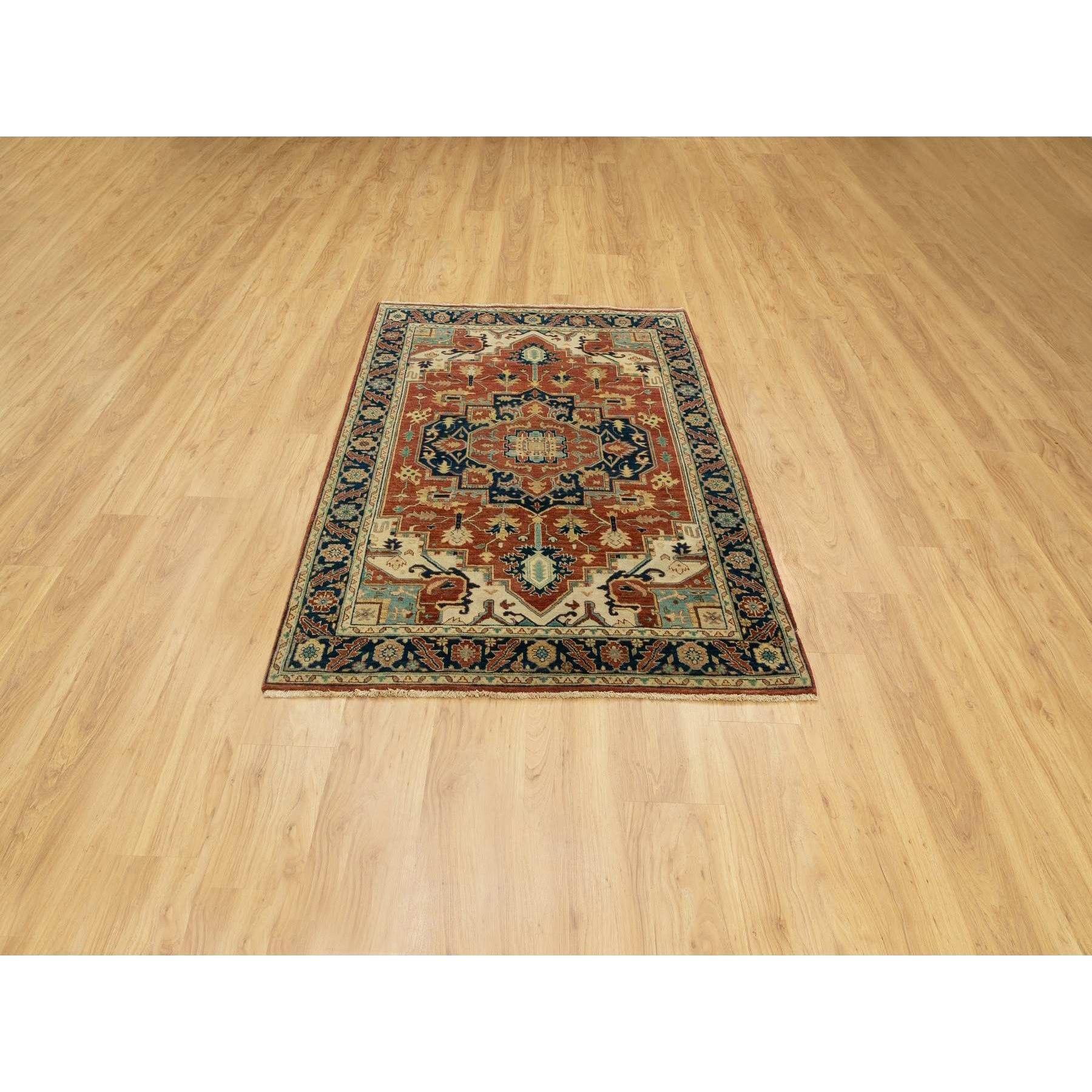 4'1"x6' Hand Knotted Red Antiqued Heriz Re-Creation Geometric Design Pure Wool Oriental Rug Sh62021