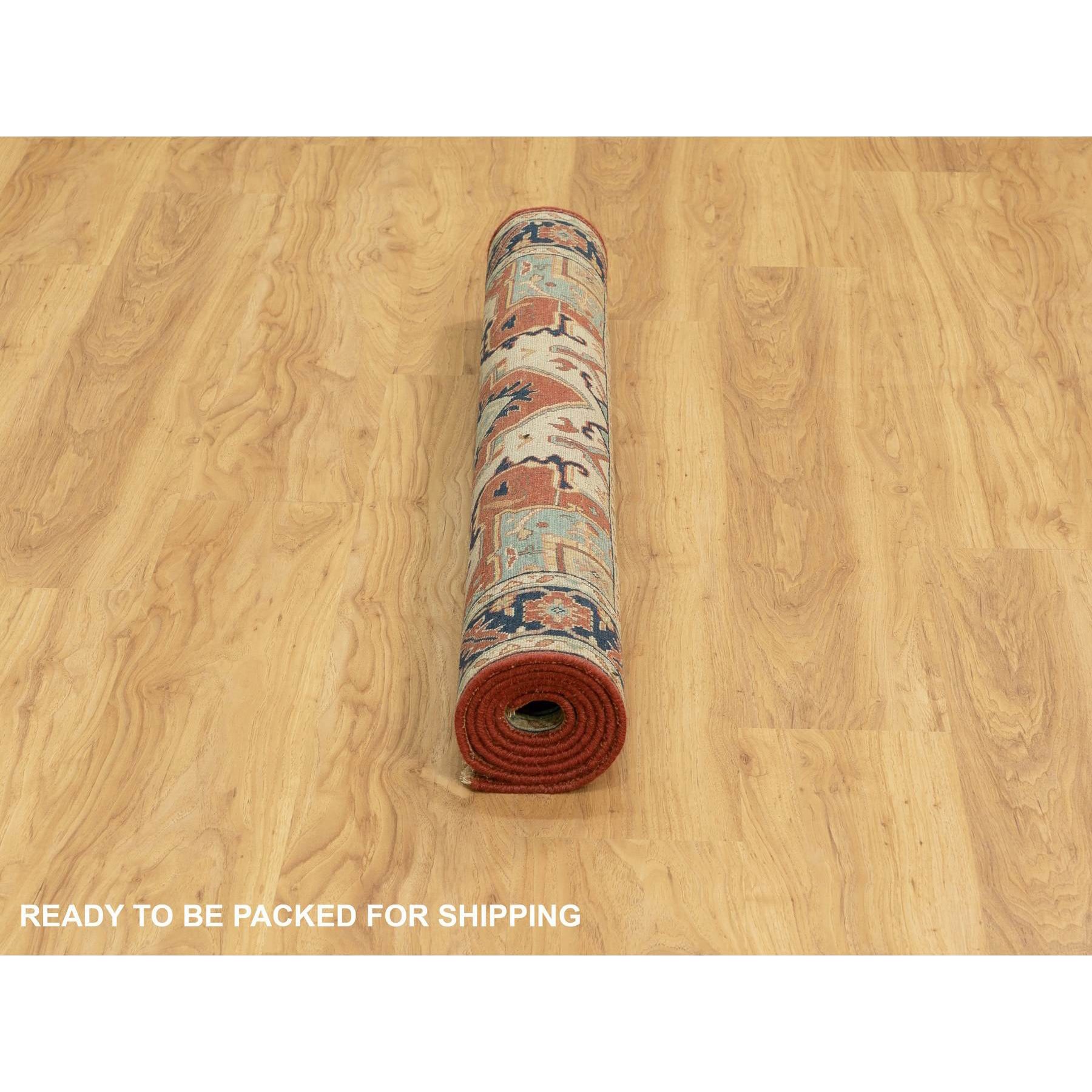 4'1"x6' Hand Knotted Red Antiqued Heriz Re-Creation Geometric Design Pure Wool Oriental Rug Sh62021