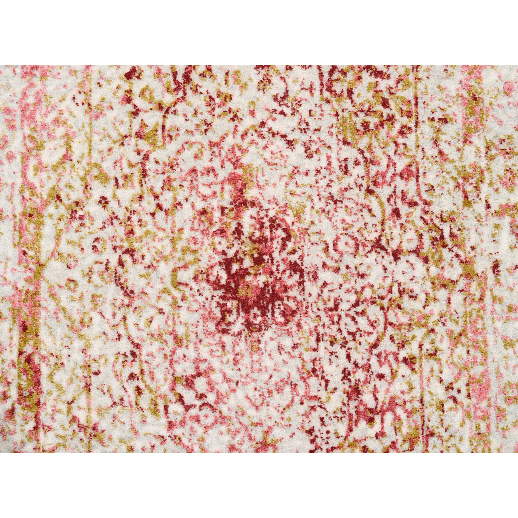 3'x5' Wool and Pure Silk Pink Medallion Erased Persian Design Hand Knotted Oriental Rug Sh62371