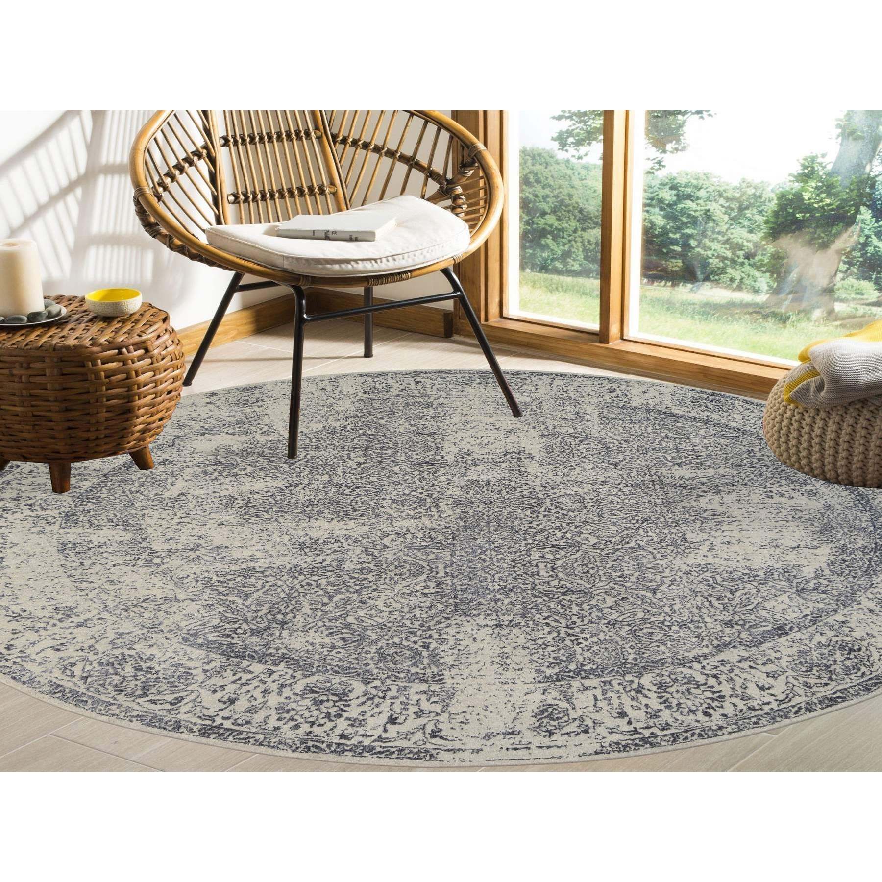 10'x10' Gray Fine Jacquard with Erased Design Wool and Plant Based Silk Hand Loomed Oriental Round Rug Sh63504