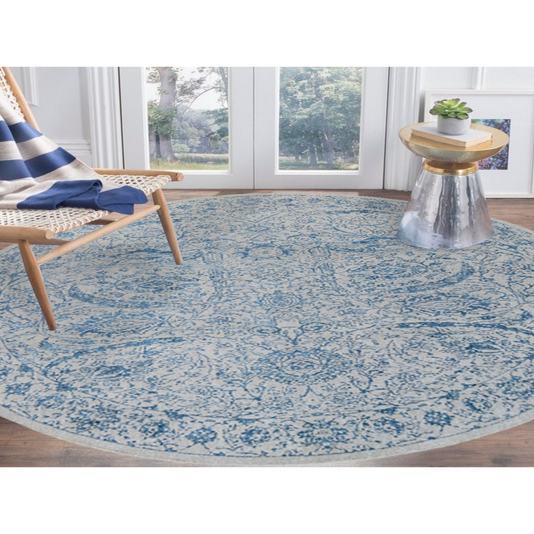 12'x12' Hand Loomed Gray Fine Jacquard with Sickle Leaf Design Wool and Plant Based Silk Oriental Round Rug Sh63506