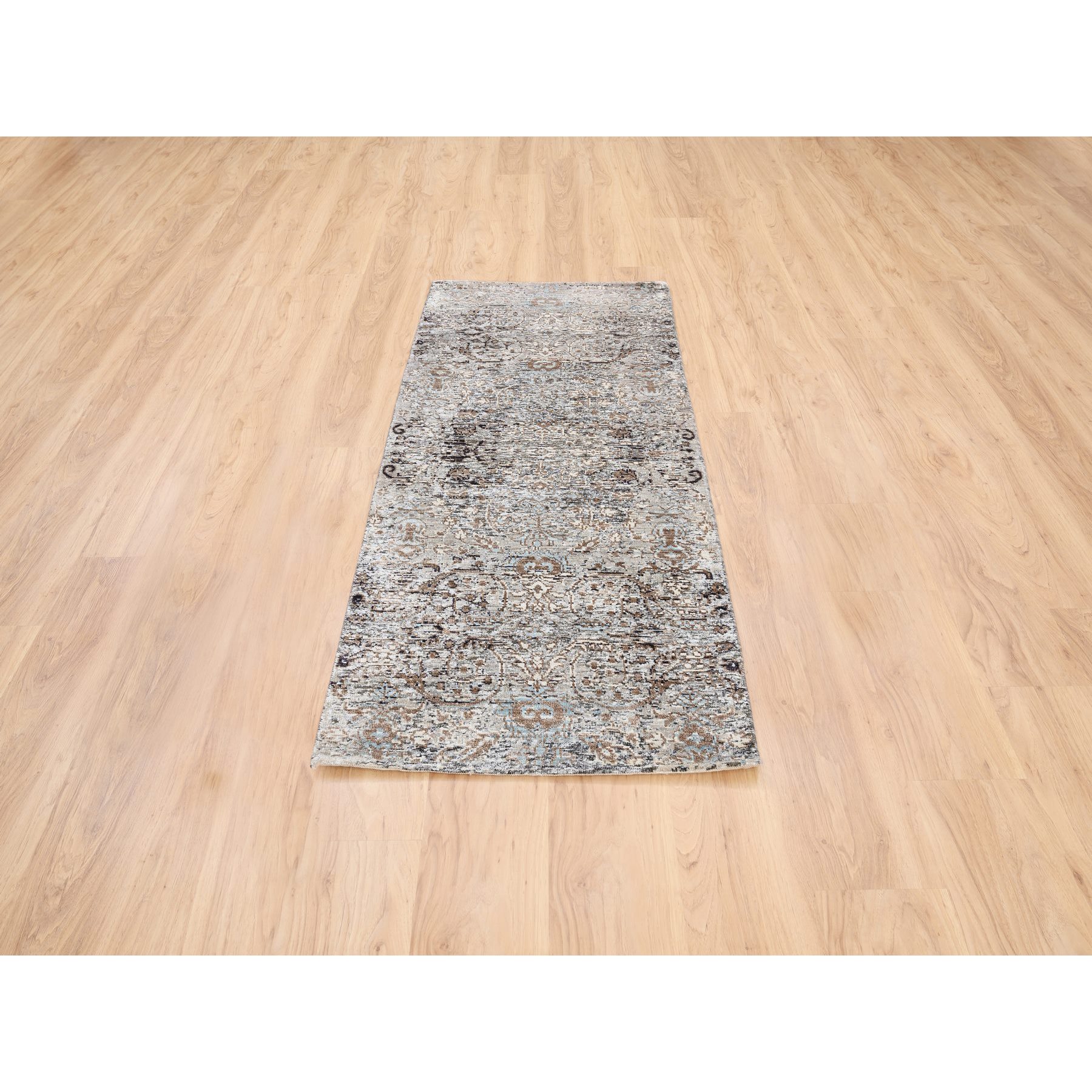 2'6"x6' Gray, Modern, Transitional Persian Influence Erased Medallion Design, Silk with Textured Wool, Hand Knotted, Oriental, Runner Rug Sh63711