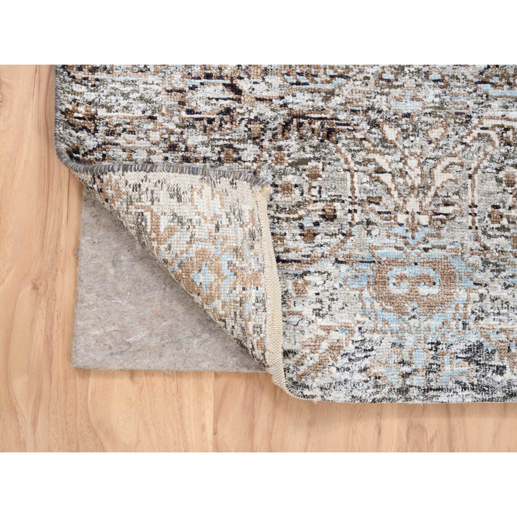 2'6"x6' Gray, Modern, Transitional Persian Influence Erased Medallion Design, Silk with Textured Wool, Hand Knotted, Oriental, Runner Rug Sh63711