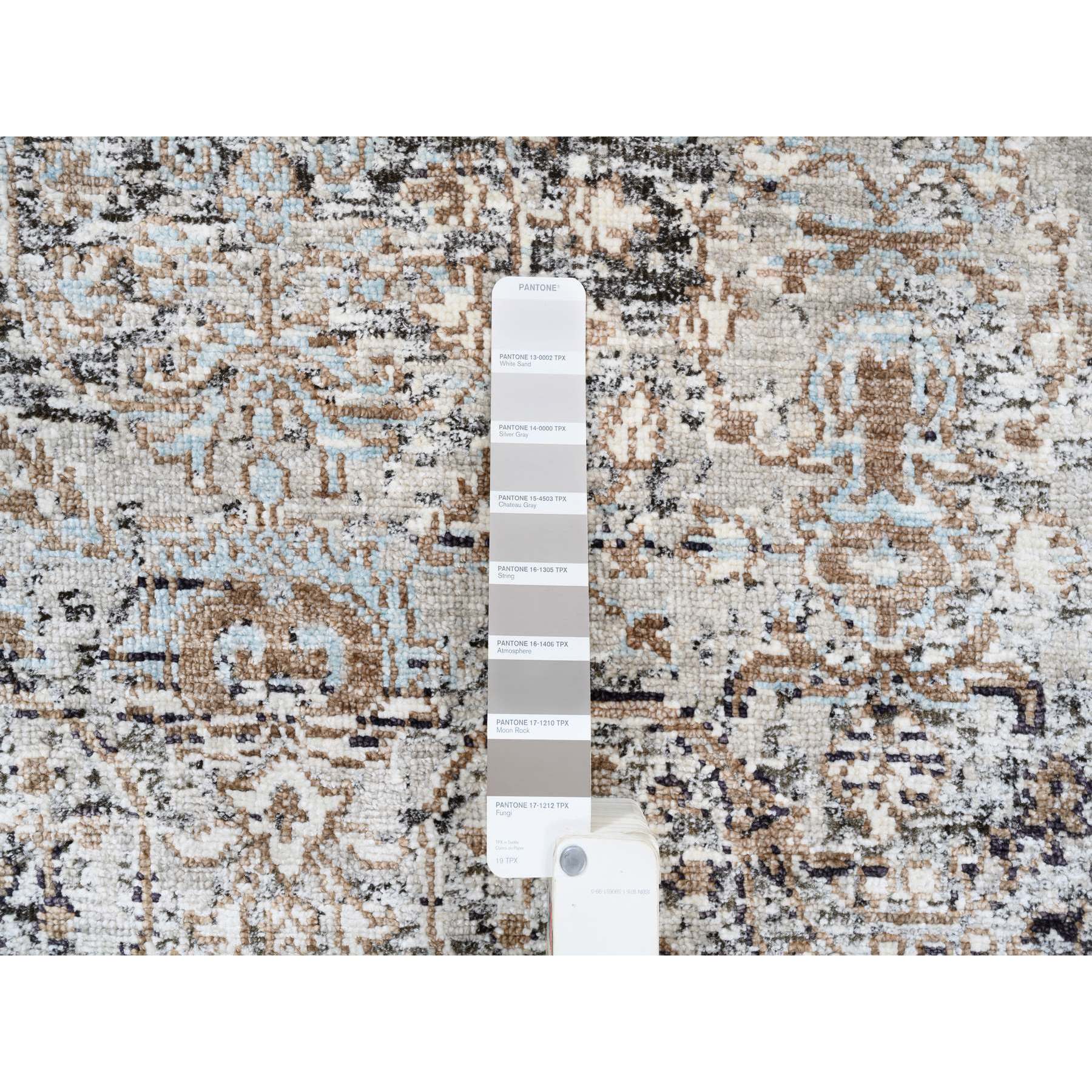 2'6"x6' Gray, Modern, Transitional Persian Influence Erased Medallion Design, Silk with Textured Wool, Hand Knotted, Oriental, Runner Rug Sh63711