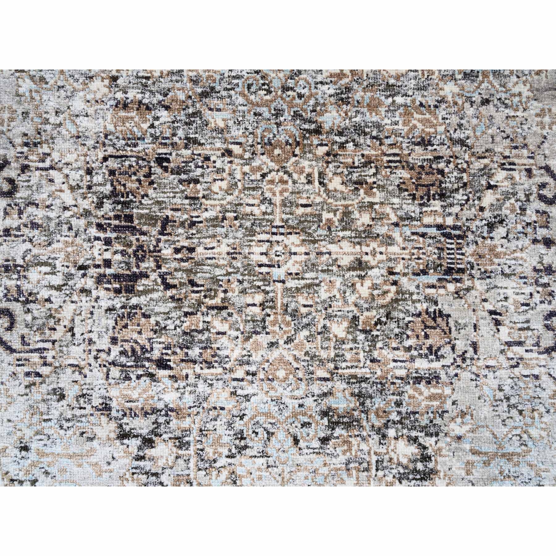 2'6"x6' Gray, Modern, Transitional Persian Influence Erased Medallion Design, Silk with Textured Wool, Hand Knotted, Oriental, Runner Rug Sh63711