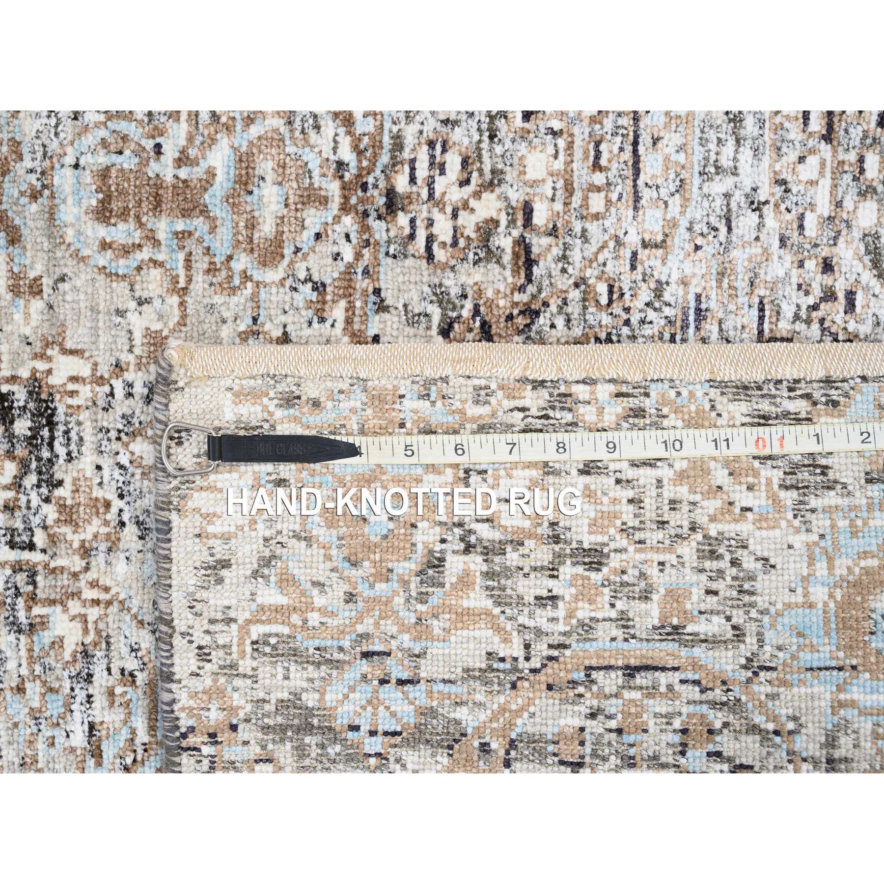 2'6"x6' Gray, Modern, Transitional Persian Influence Erased Medallion Design, Silk with Textured Wool, Hand Knotted, Oriental, Runner Rug Sh63711