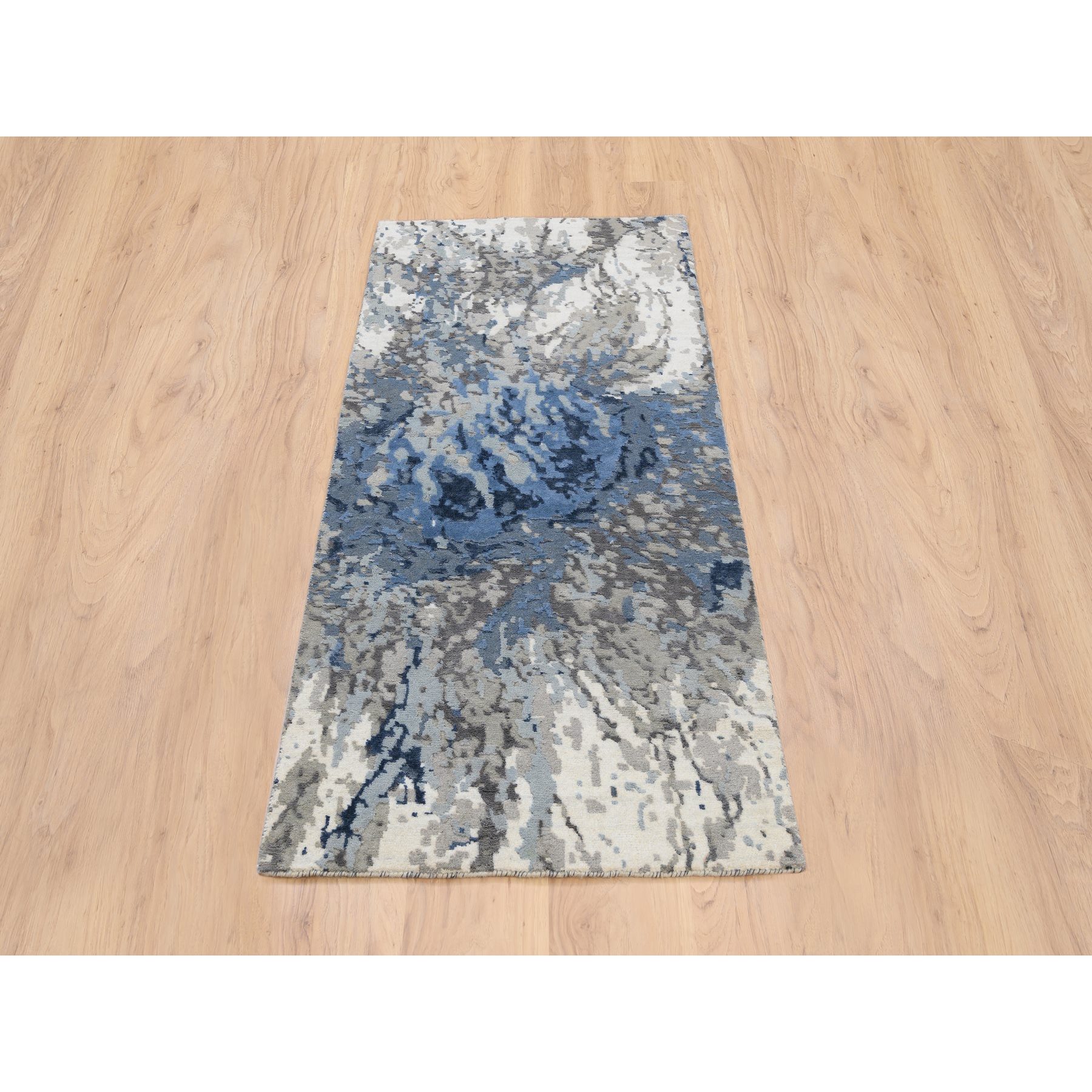 2'6"x6'2" Denim Blue, Abstract Design, Hi-low Pile, Wool and Art Silk, Hand Knotted, Oriental, Runner Rug Sh63763