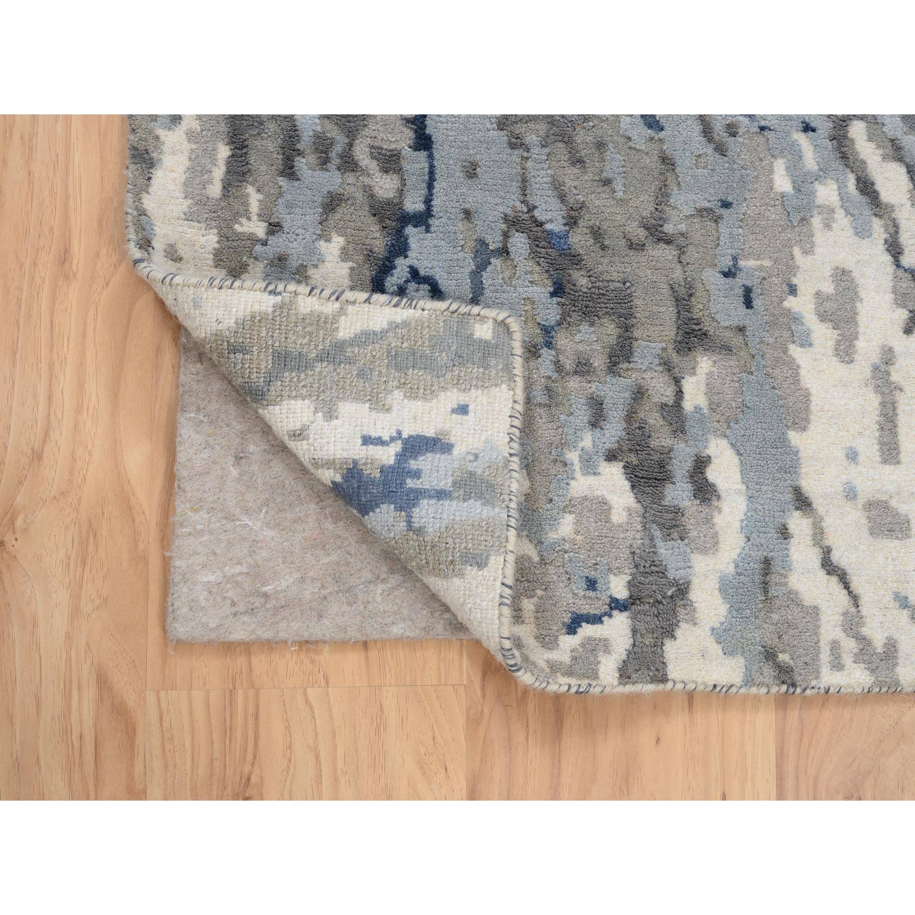 2'6"x6'2" Denim Blue, Abstract Design, Hi-low Pile, Wool and Art Silk, Hand Knotted, Oriental, Runner Rug Sh63763