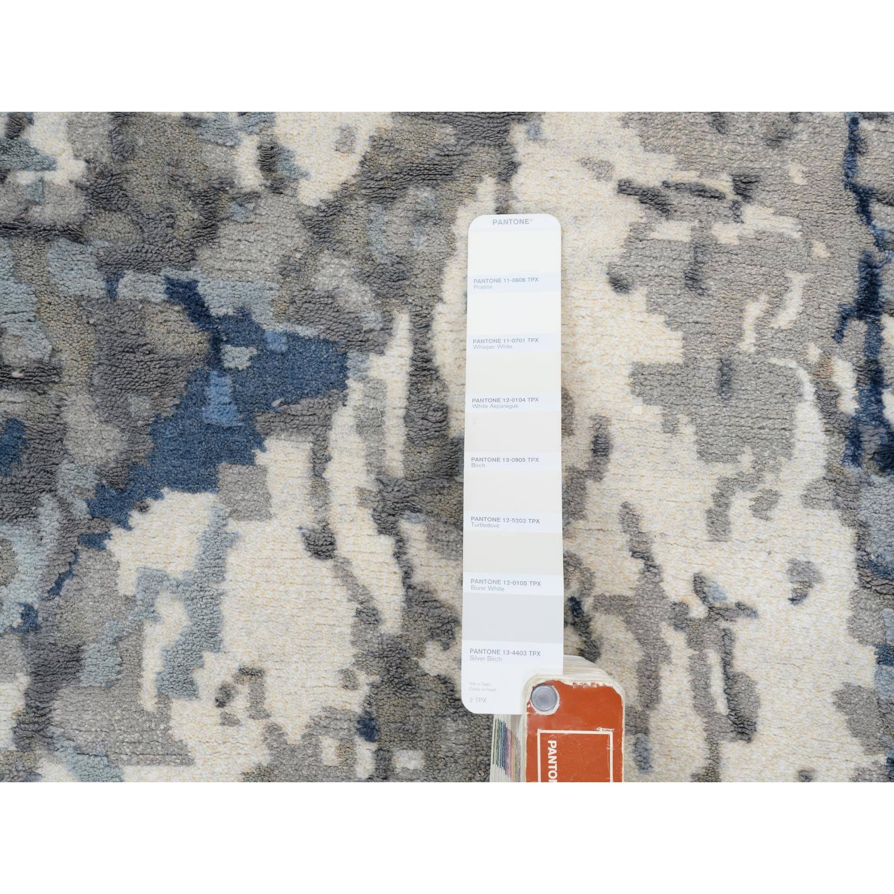 2'6"x6'2" Denim Blue, Abstract Design, Hi-low Pile, Wool and Art Silk, Hand Knotted, Oriental, Runner Rug Sh63763