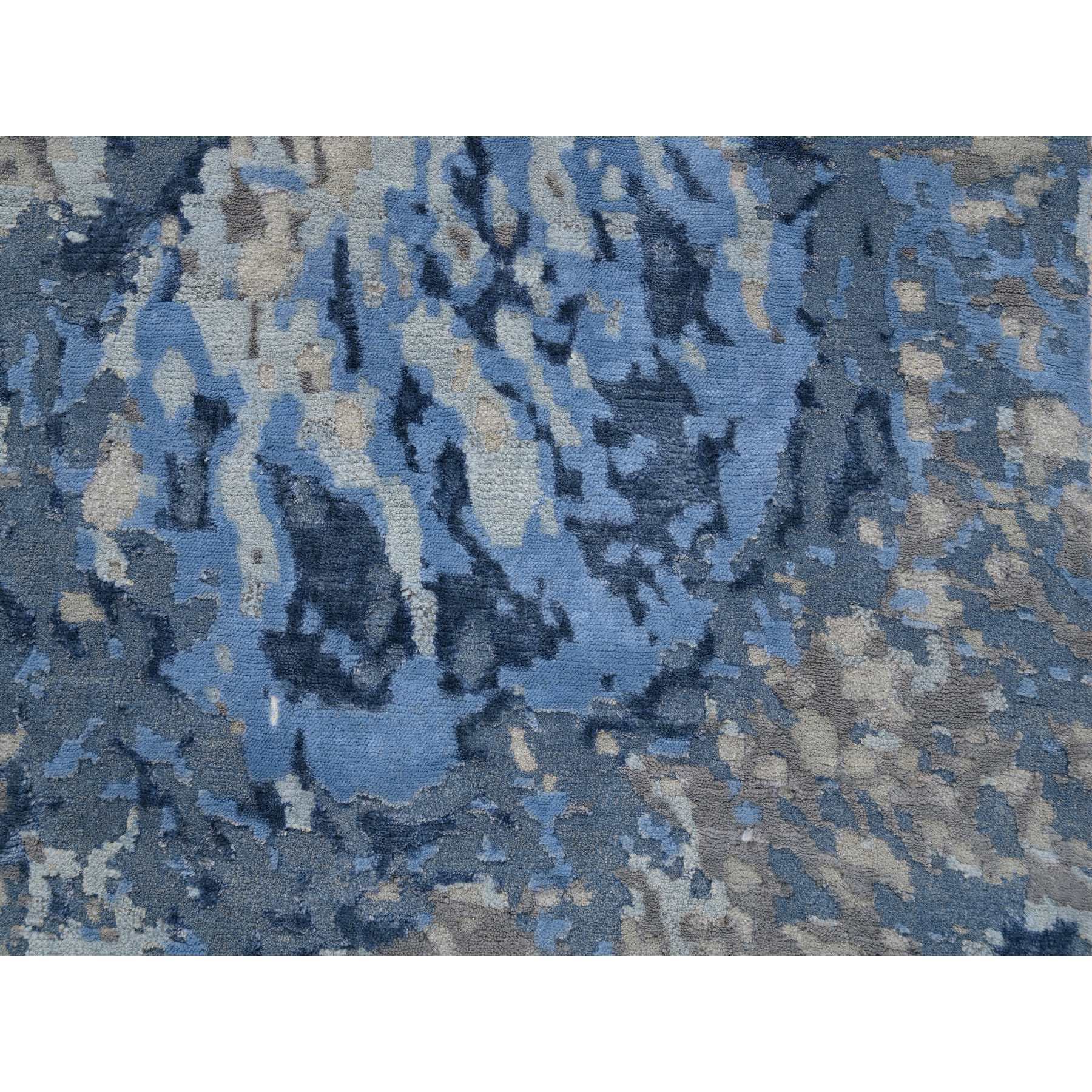 2'6"x6'2" Denim Blue, Abstract Design, Hi-low Pile, Wool and Art Silk, Hand Knotted, Oriental, Runner Rug Sh63763