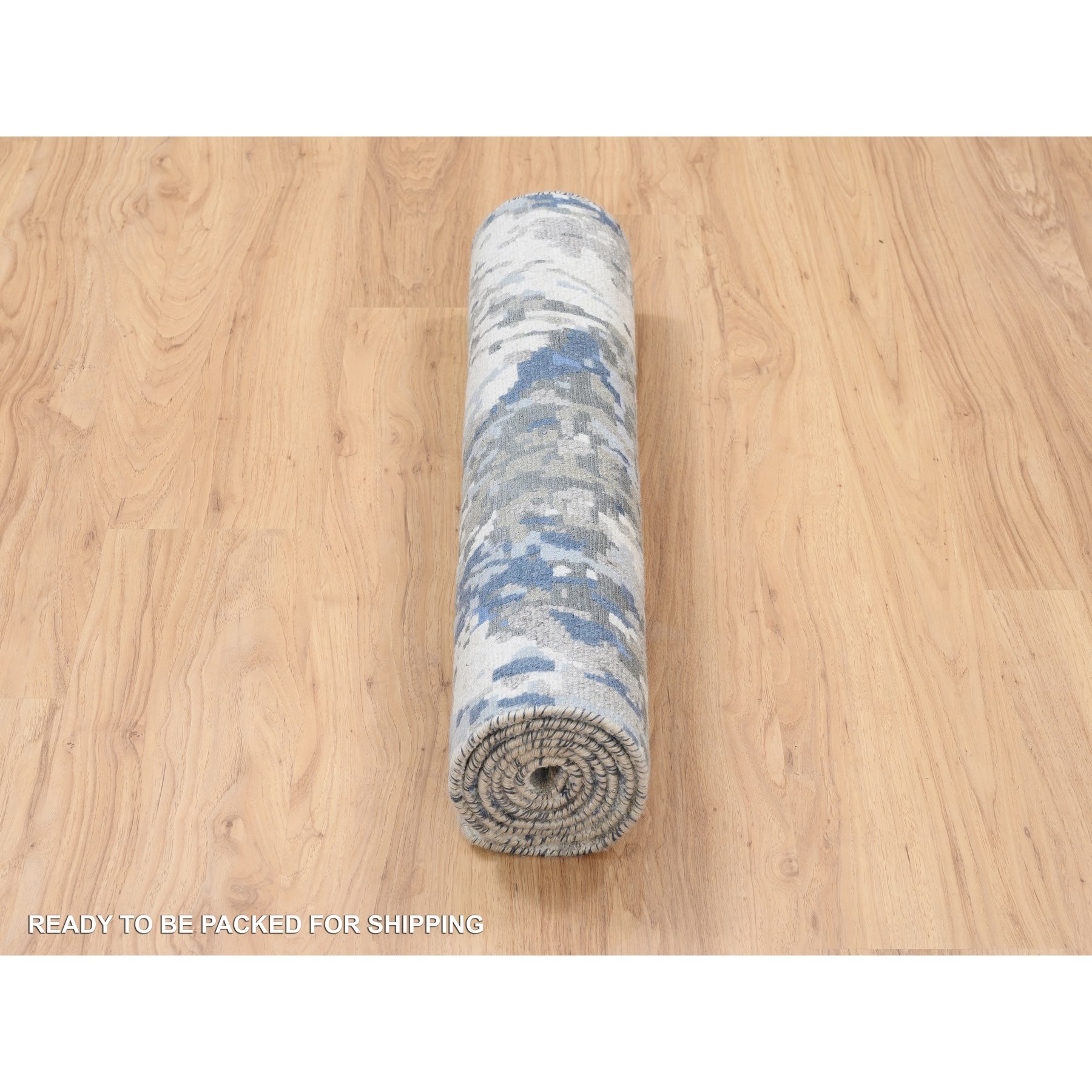 2'6"x6'2" Denim Blue, Abstract Design, Hi-low Pile, Wool and Art Silk, Hand Knotted, Oriental, Runner Rug Sh63763