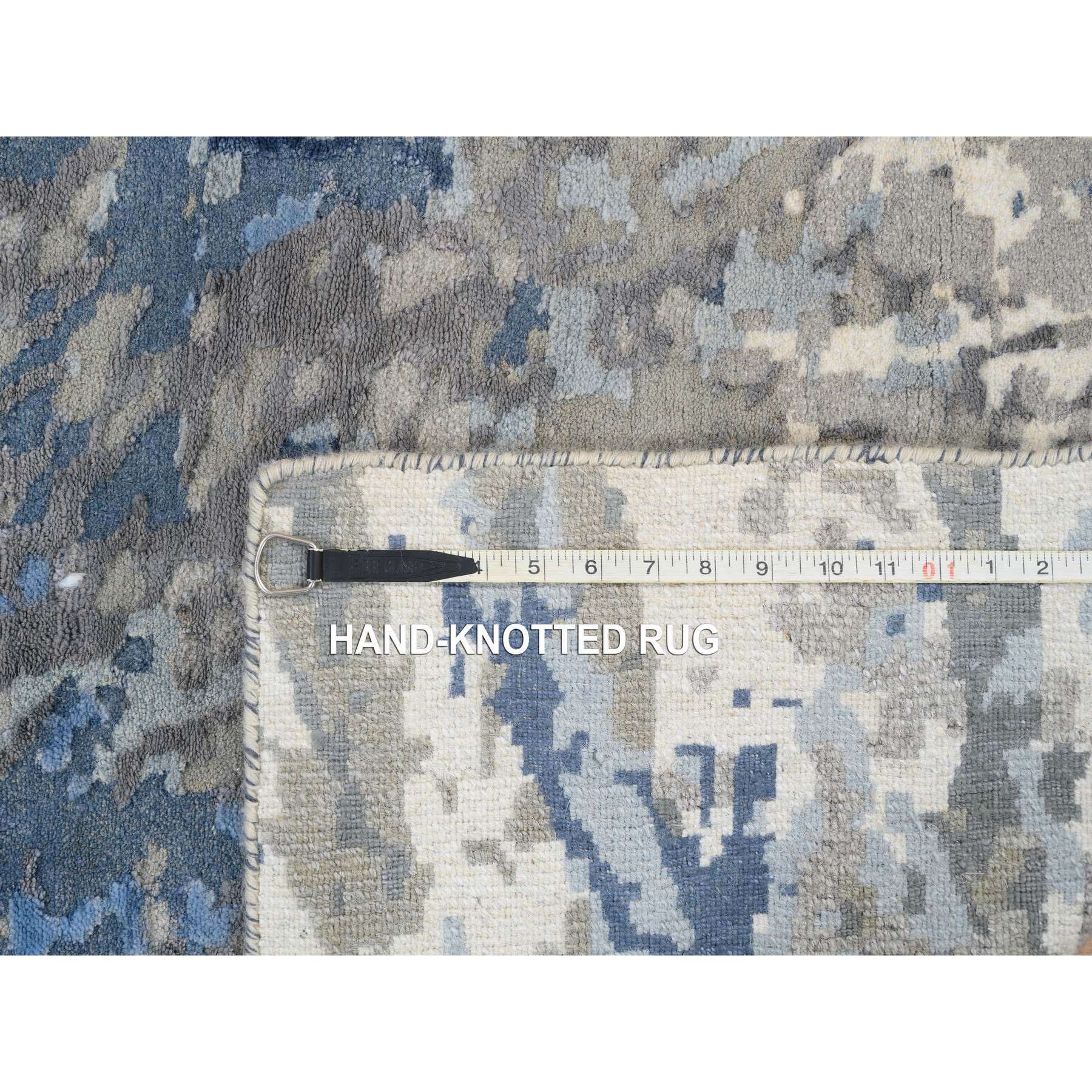 2'6"x6'2" Denim Blue, Abstract Design, Hi-low Pile, Wool and Art Silk, Hand Knotted, Oriental, Runner Rug Sh63763