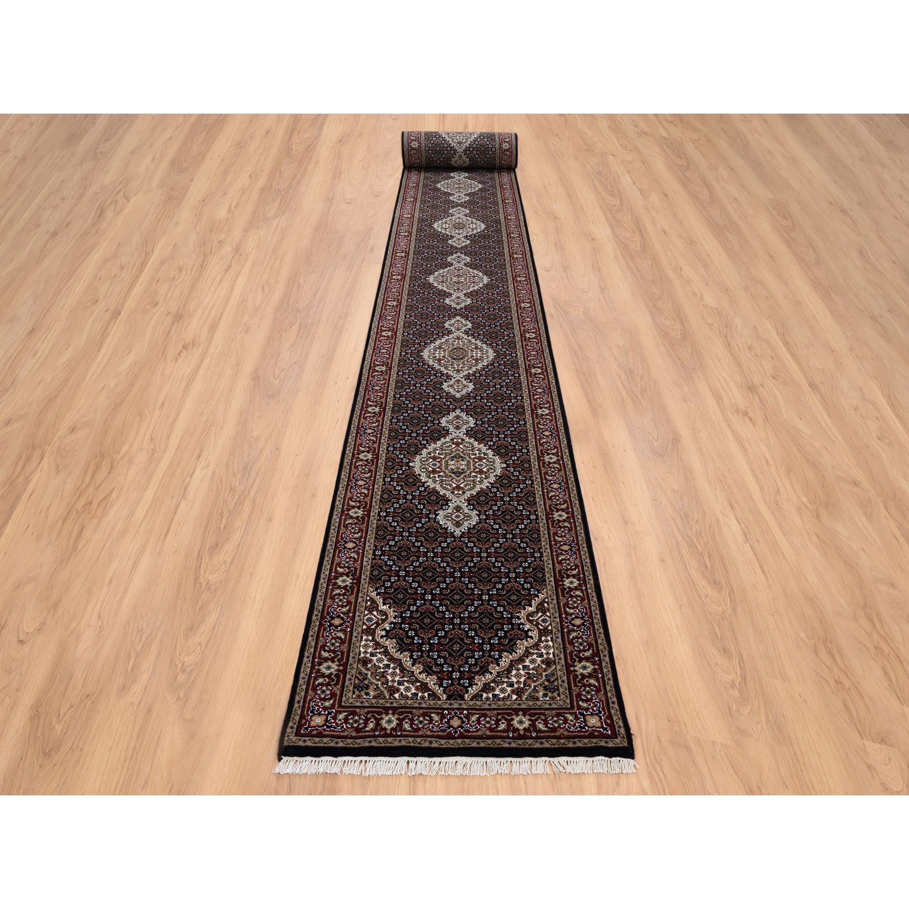2'6"x26'3" Rich Black Hand Knotted 175 KPSI Tabriz Mahi with Fish Medallion Design, Pure Wool XL Runner Oriental Rug Sh64094
