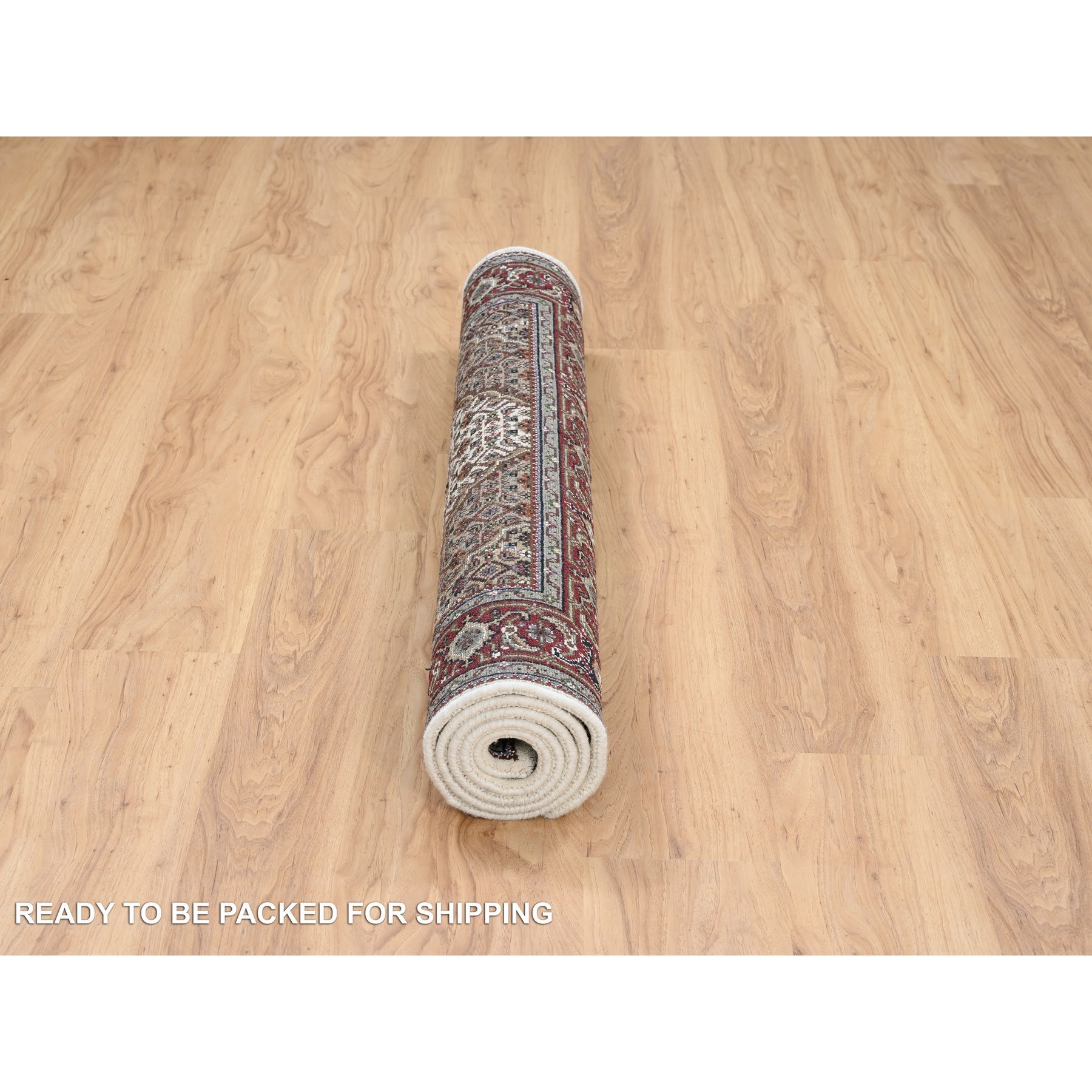 4'x6'1" Ivory Hand Knotted Tabriz Mahi with Fish Medallion Design Natural Wool ad Silk 175 KPSI Oriental Rug Sh64122