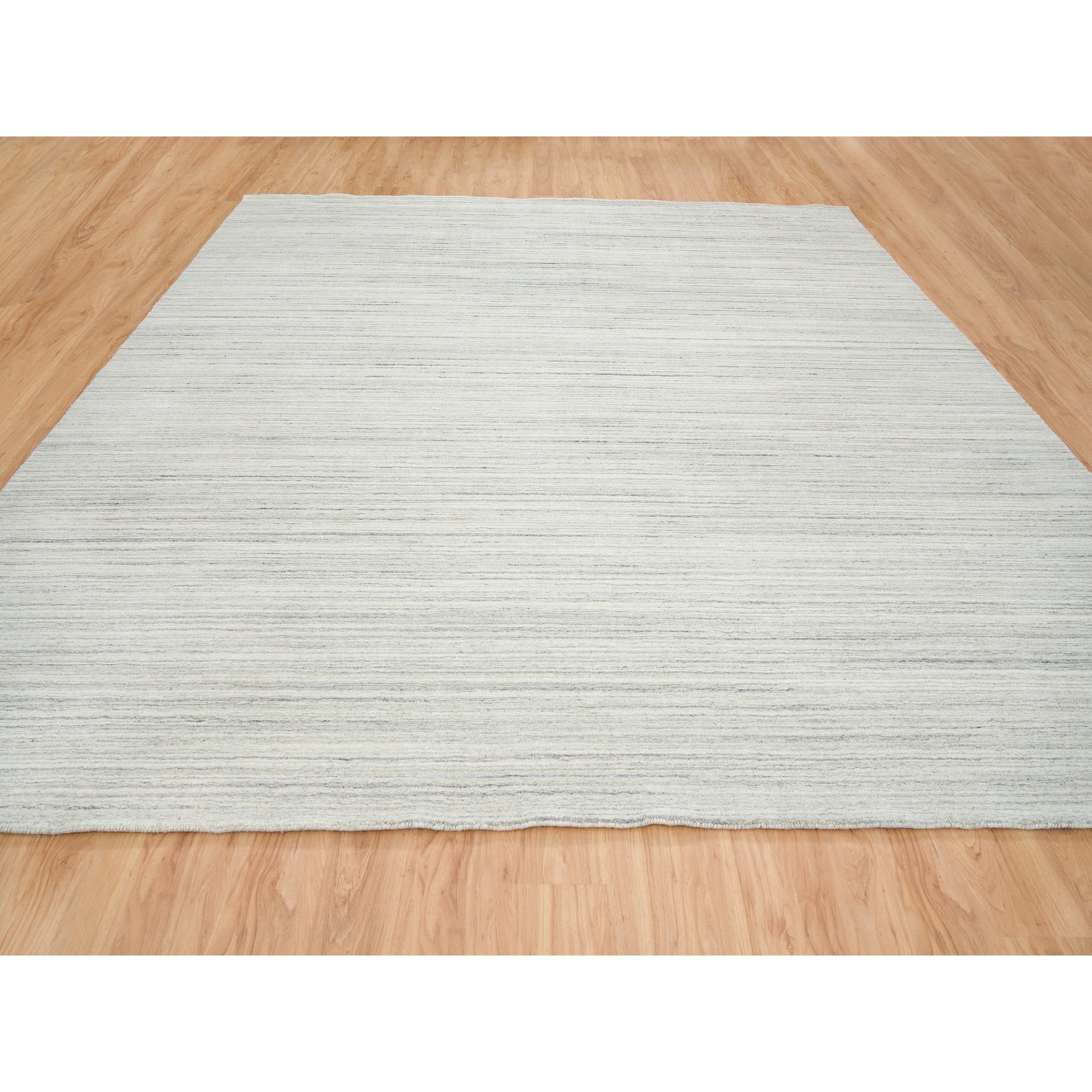 12'1"x12'1" Ivory and Cream, Undyed Natural Wool Modern Design, Thick and Plush Plain Hand Loomed, Square Oriental Rug Sh64994