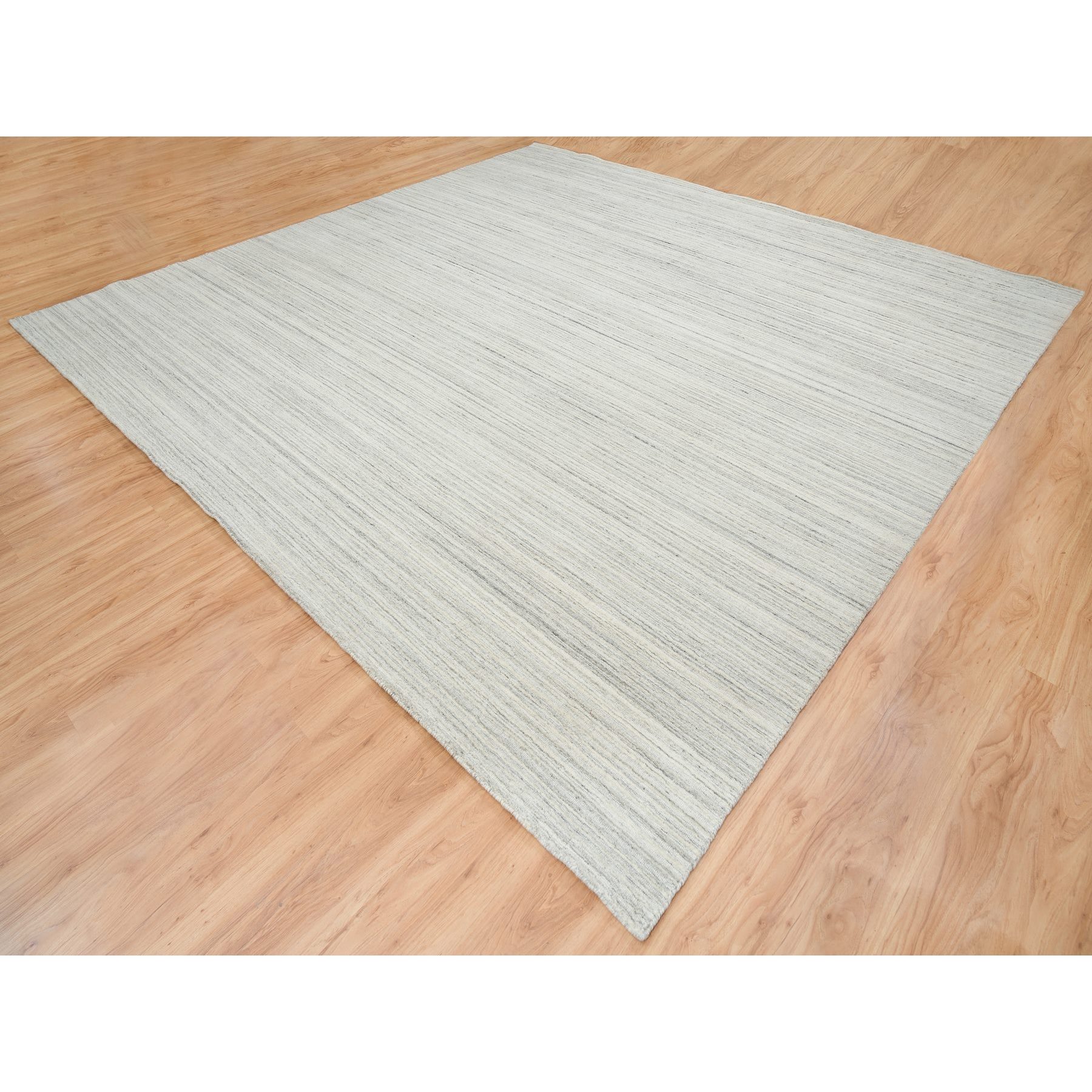12'1"x12'1" Ivory and Cream, Undyed Natural Wool Modern Design, Thick and Plush Plain Hand Loomed, Square Oriental Rug Sh64994