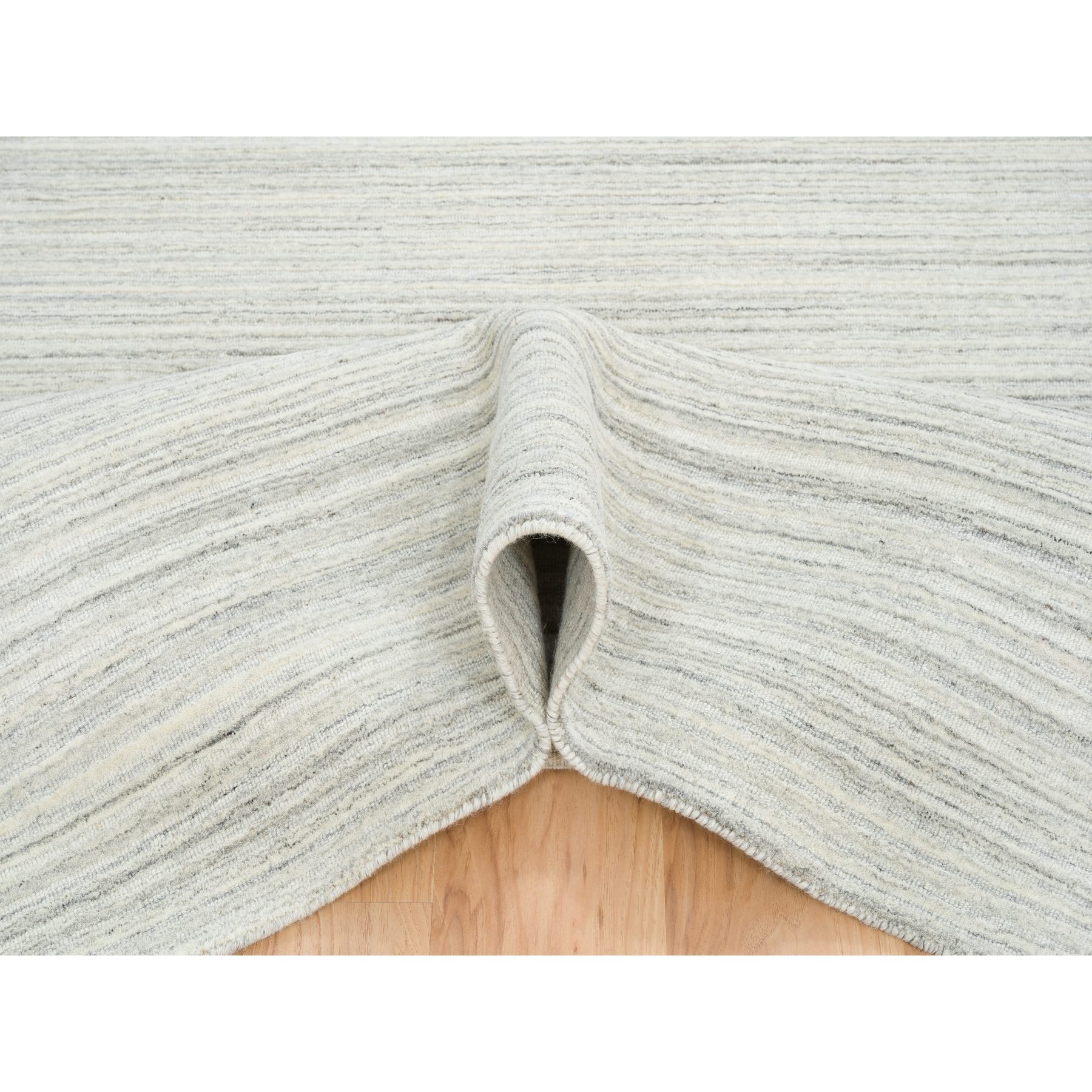 12'1"x12'1" Ivory and Cream, Undyed Natural Wool Modern Design, Thick and Plush Plain Hand Loomed, Square Oriental Rug Sh64994