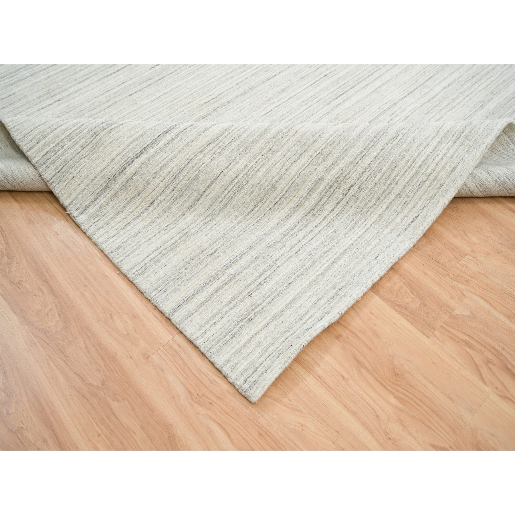 12'1"x12'1" Ivory and Cream, Undyed Natural Wool Modern Design, Thick and Plush Plain Hand Loomed, Square Oriental Rug Sh64994