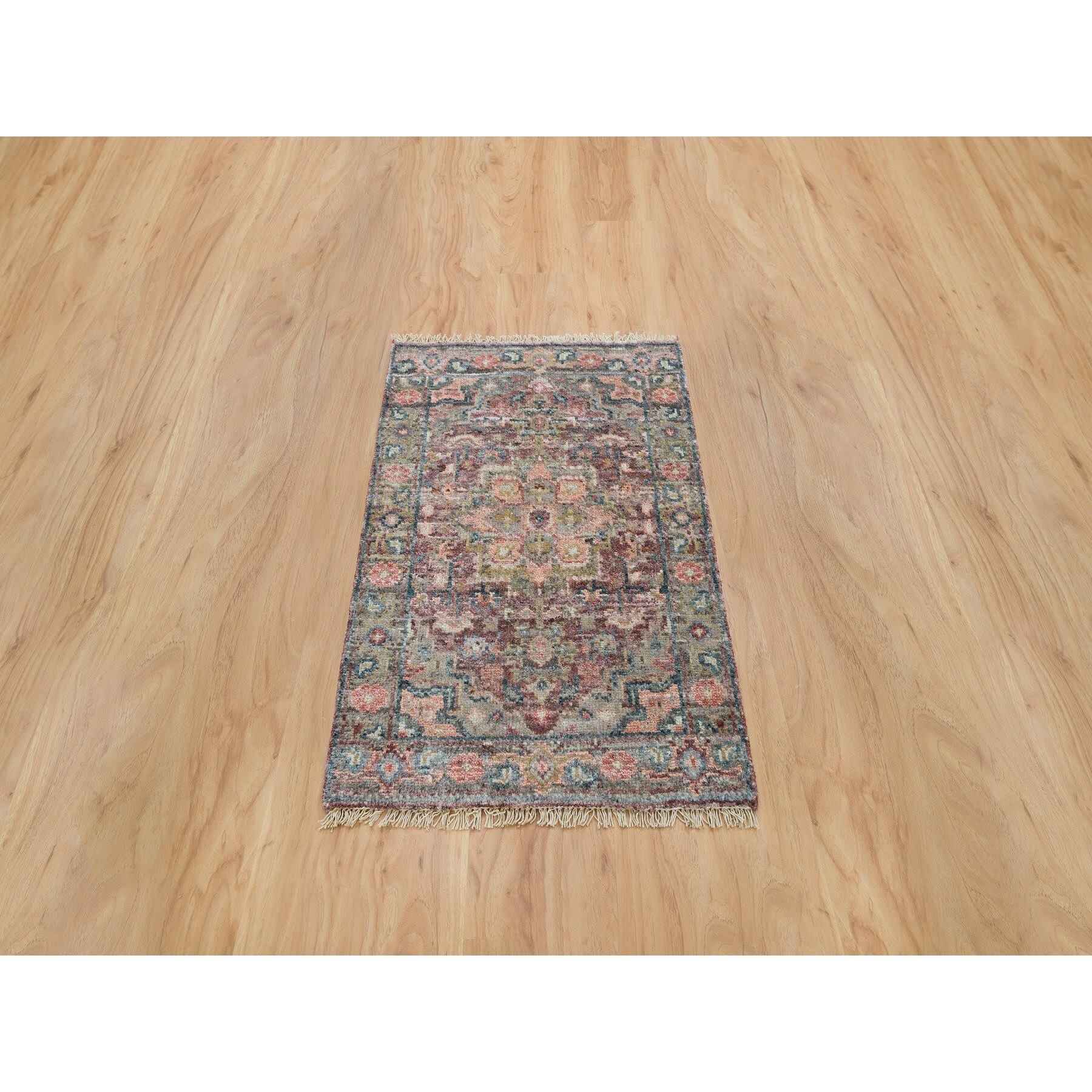 2'x3'1" Wine Red, Organic Wool, Heriz Revival, Hand Knotted, Soft to the Touch Pile, Mat Oriental Rug Sh65853