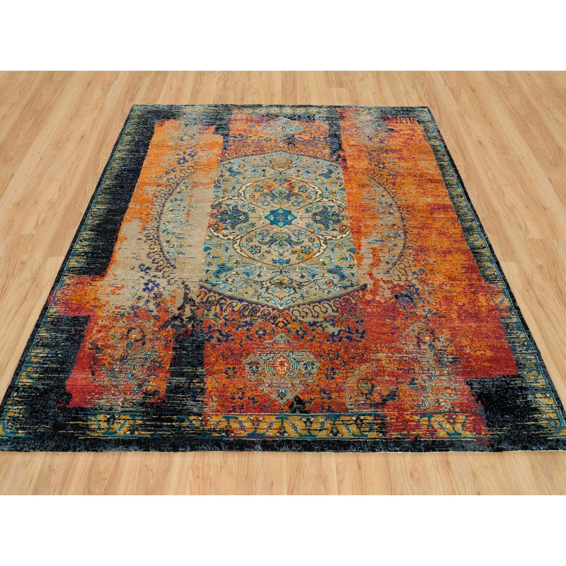 8'1"x8'1" Metallic Orange, Hand Knotted, Ancient Ottoman Erased Design, Ghazni Wool, Square Oriental Rug Sh65903