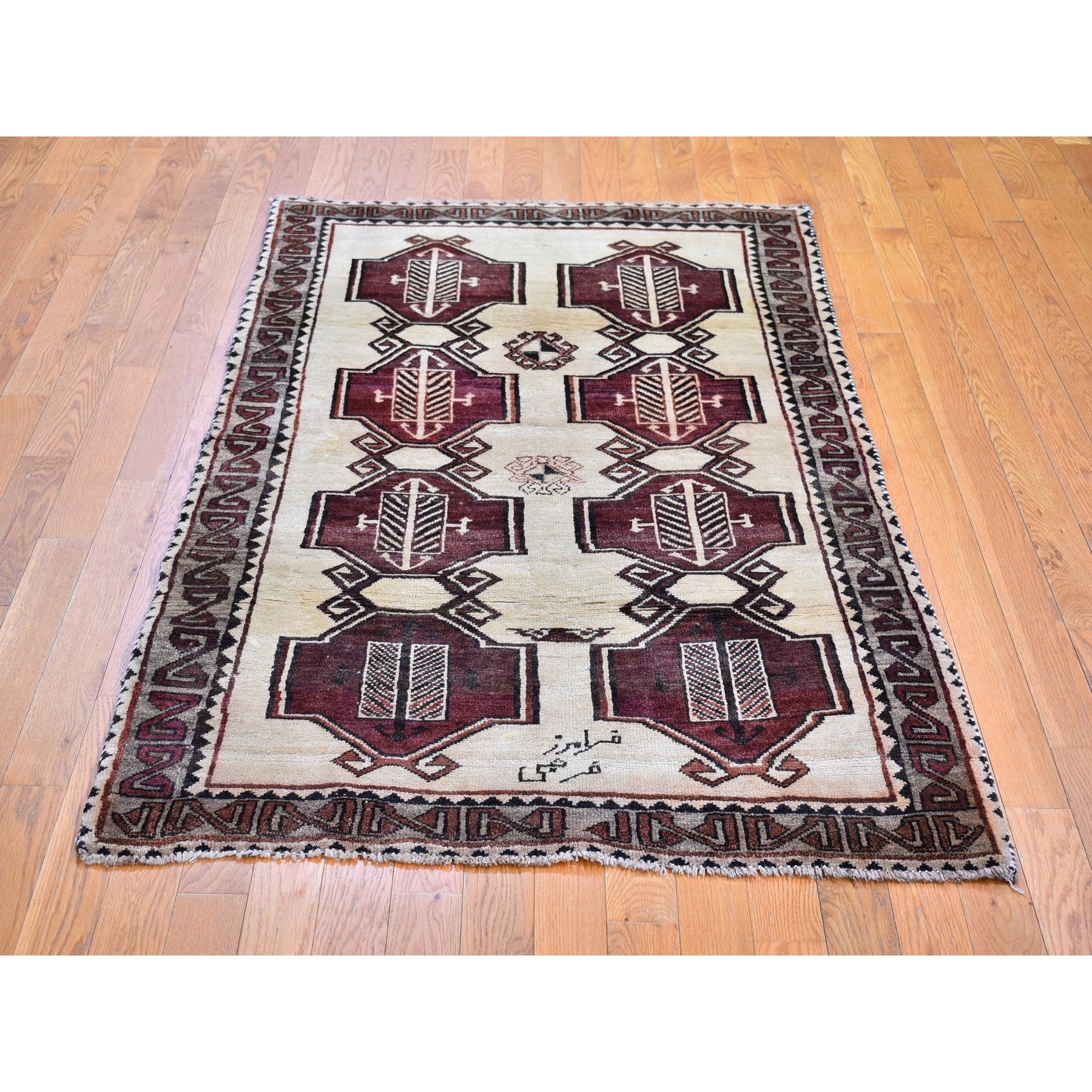 3'7"x6' Vintage Persian Gabbeh Signed with Geometric Medallions Pure Wool Hand Knotted Oriental Rug Sh66017