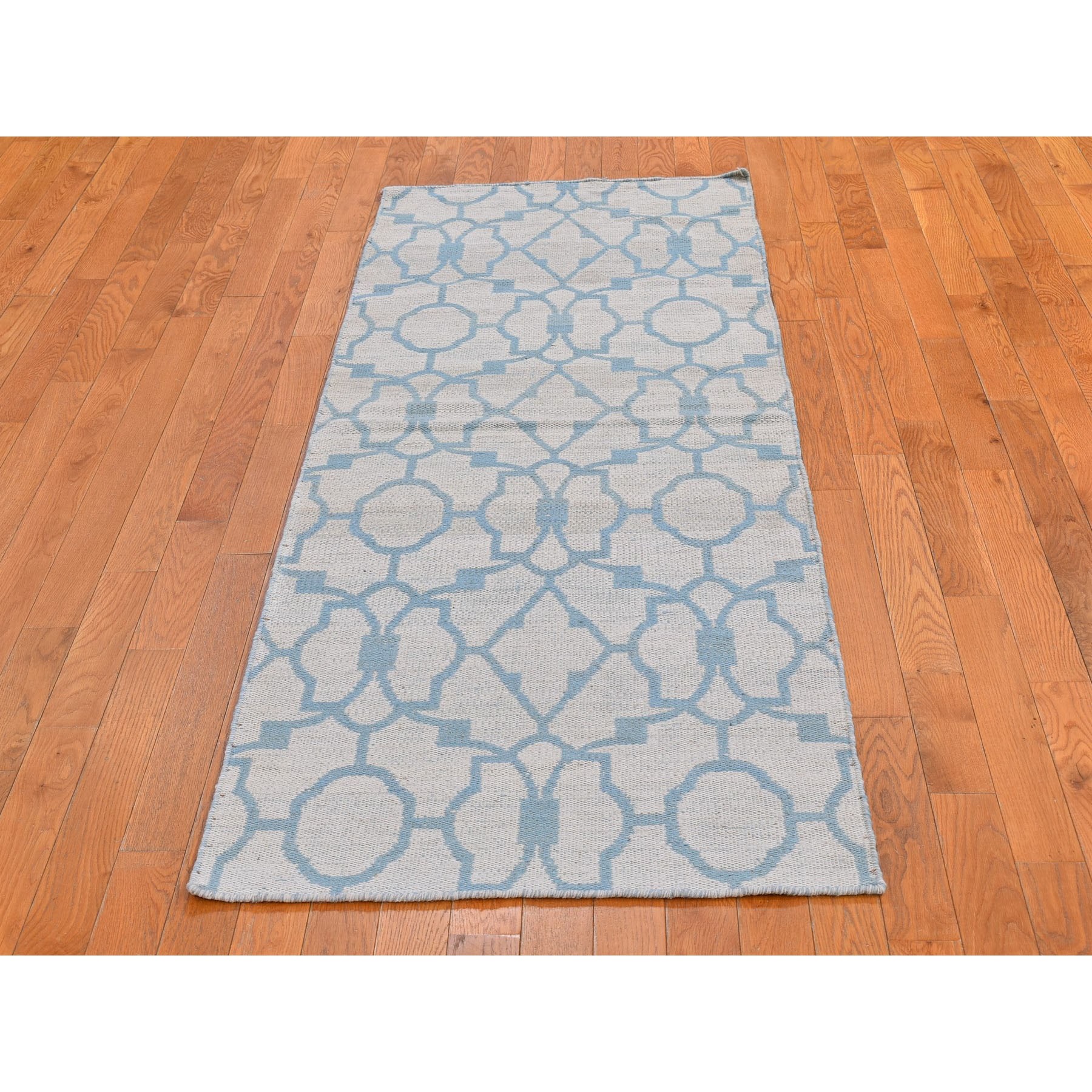 2'8"x7'10" Light Blue Reversible Kilim Pure Wool Flat Weave Hand Woven Runner Oriental Rug Sh66094