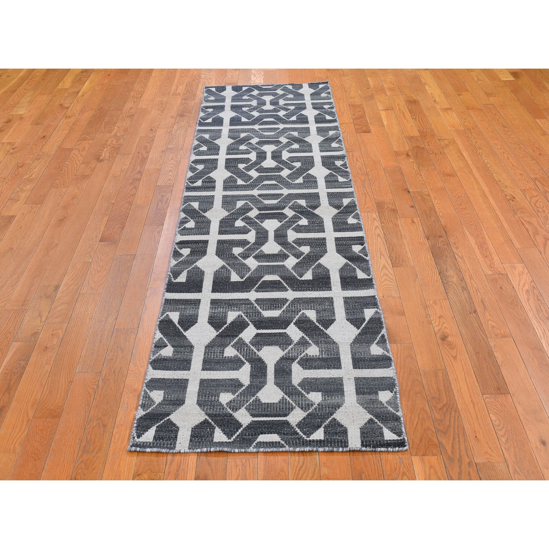 2'7"x9'10" Gray Hand Woven Flat Weave Geometric Pattern Pure Wool Reversible Kilim Runner Oriental Rug Sh66100