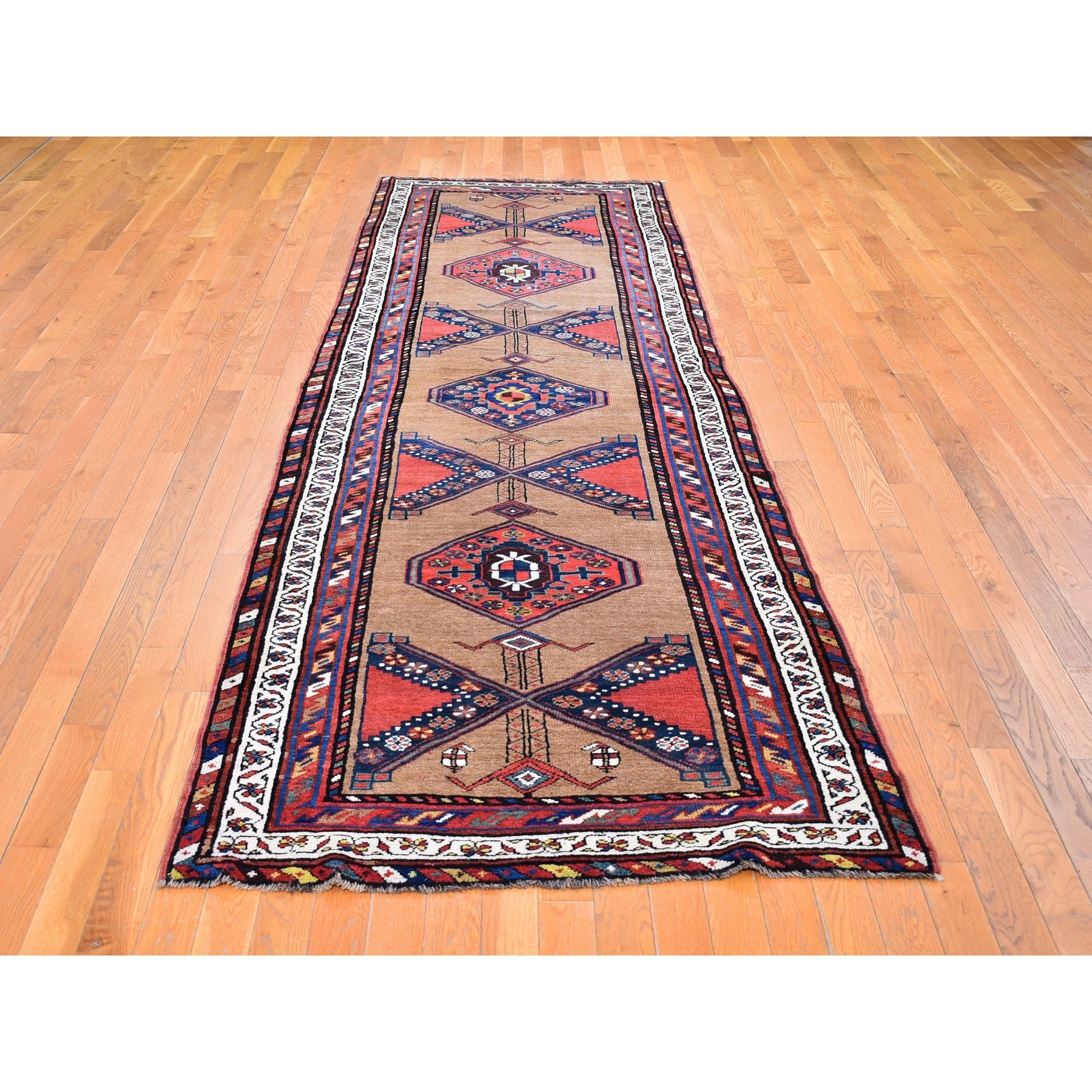 3'9"x12'2" Brown Antique North West Persian with Camel Hair Wide Runner Full Pile Geometric Medallions Hand Knotted Natural Wool Clean Oriental Rug Sh66185