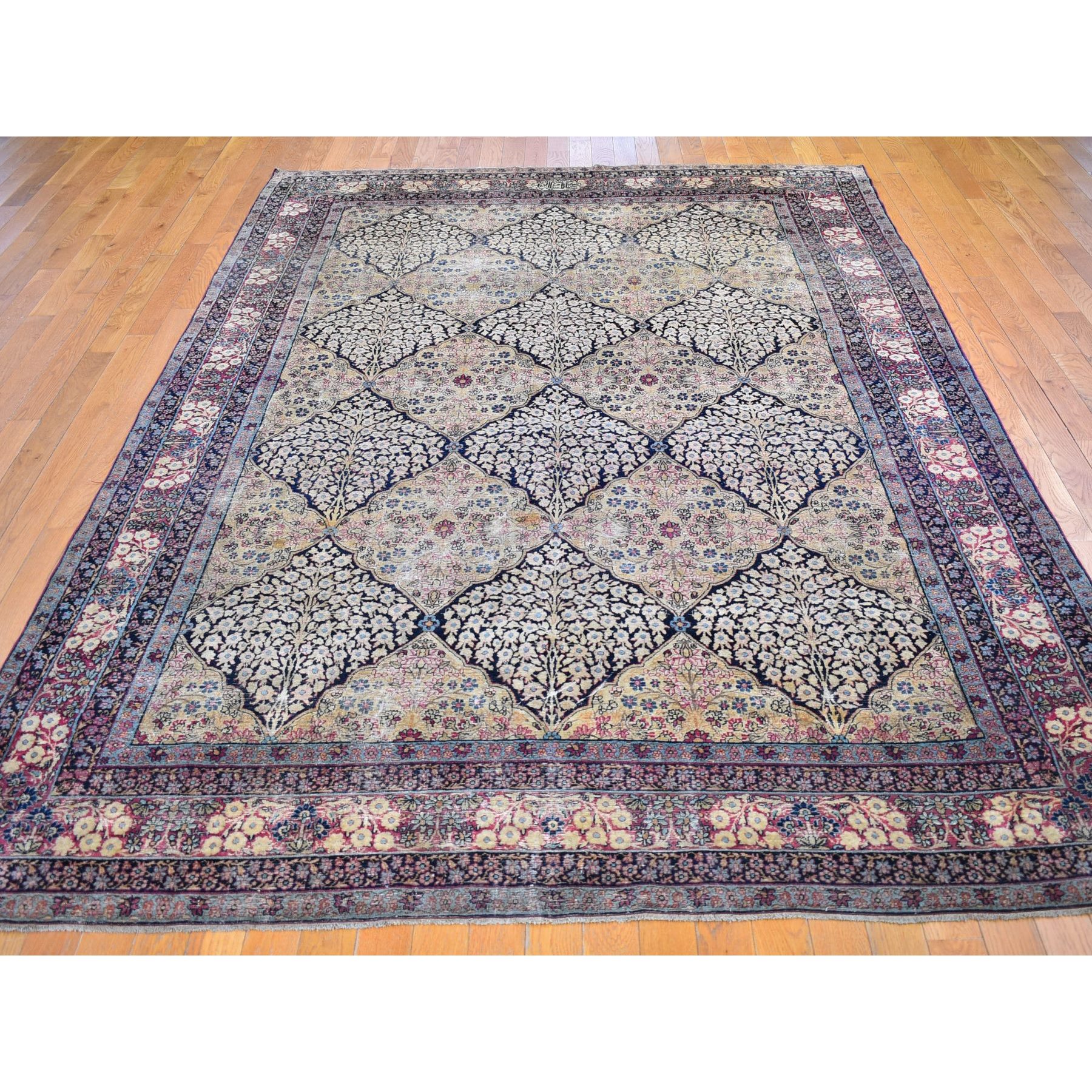 7'x10'5" Beige Antique Persian Kermanshah Signed Worn Areas Clean Garden Design Pure Wool Hand Knotted Oriental Rug Sh66259