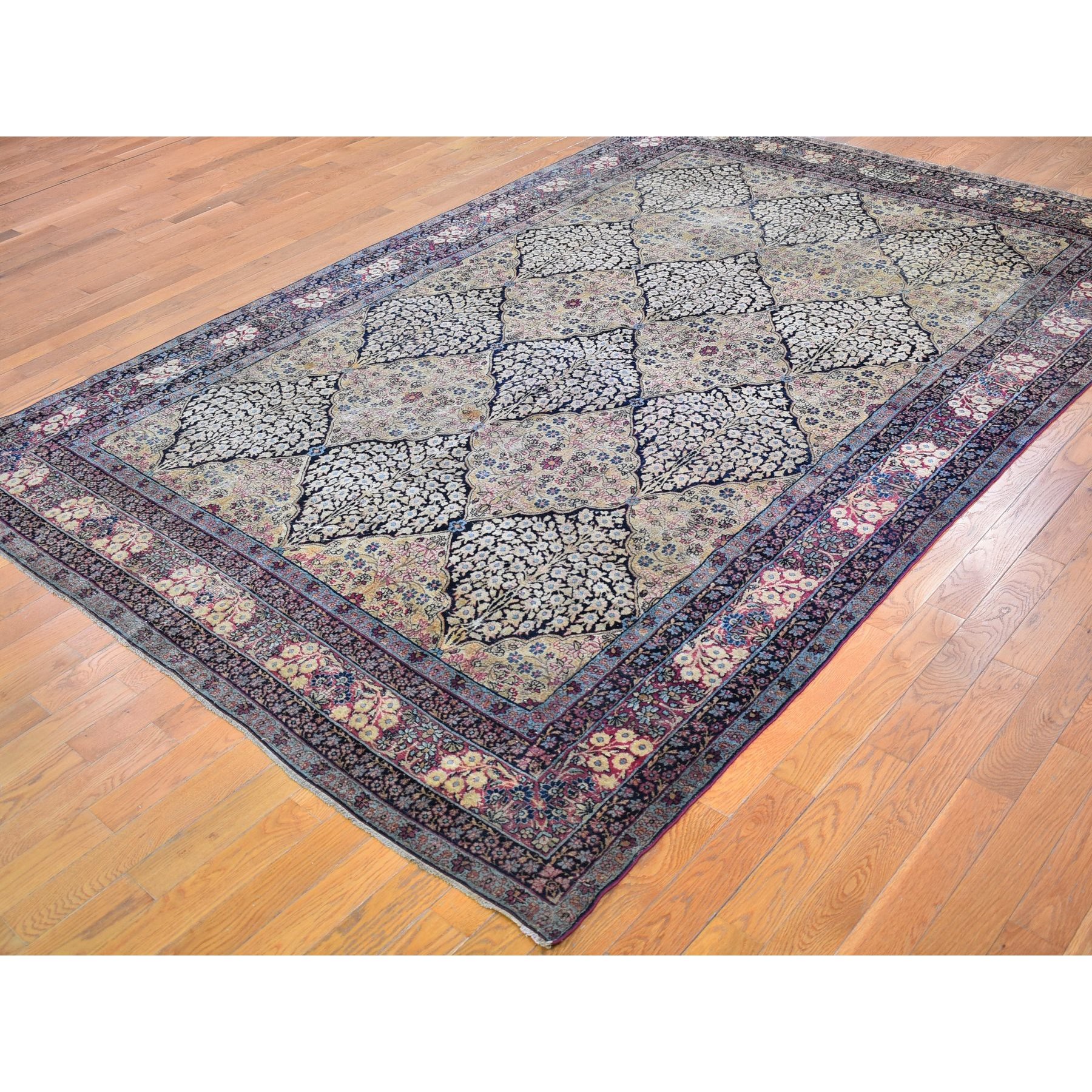 7'x10'5" Beige Antique Persian Kermanshah Signed Worn Areas Clean Garden Design Pure Wool Hand Knotted Oriental Rug Sh66259