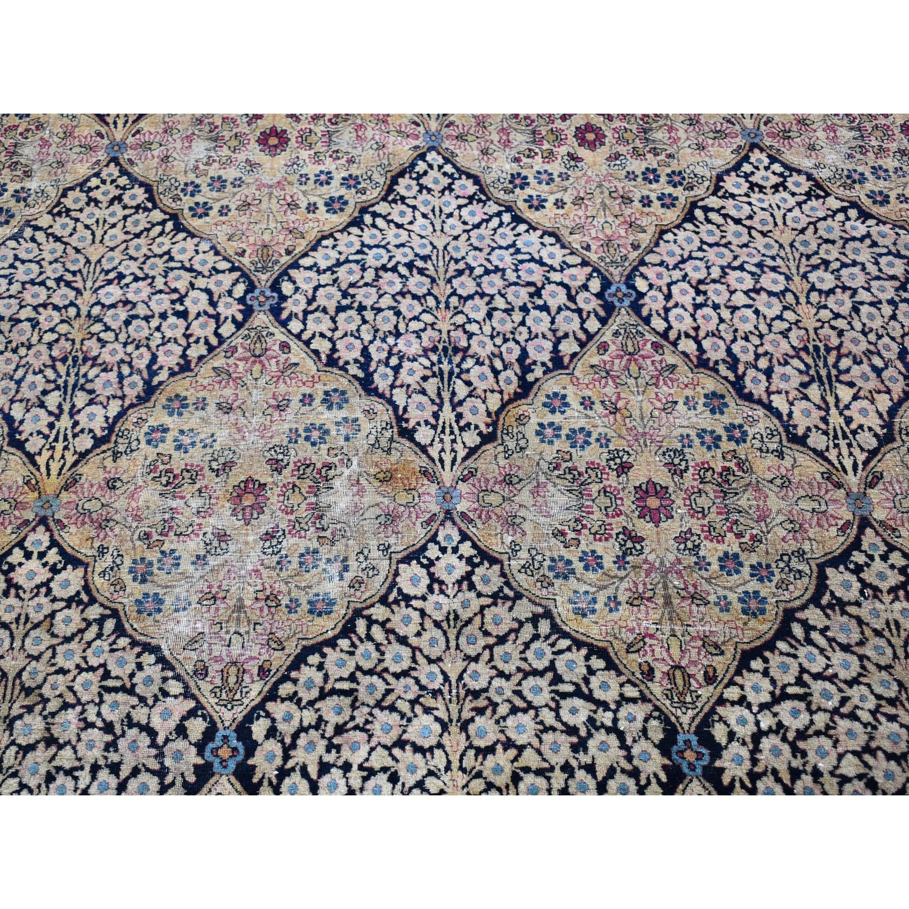 7'x10'5" Beige Antique Persian Kermanshah Signed Worn Areas Clean Garden Design Pure Wool Hand Knotted Oriental Rug Sh66259