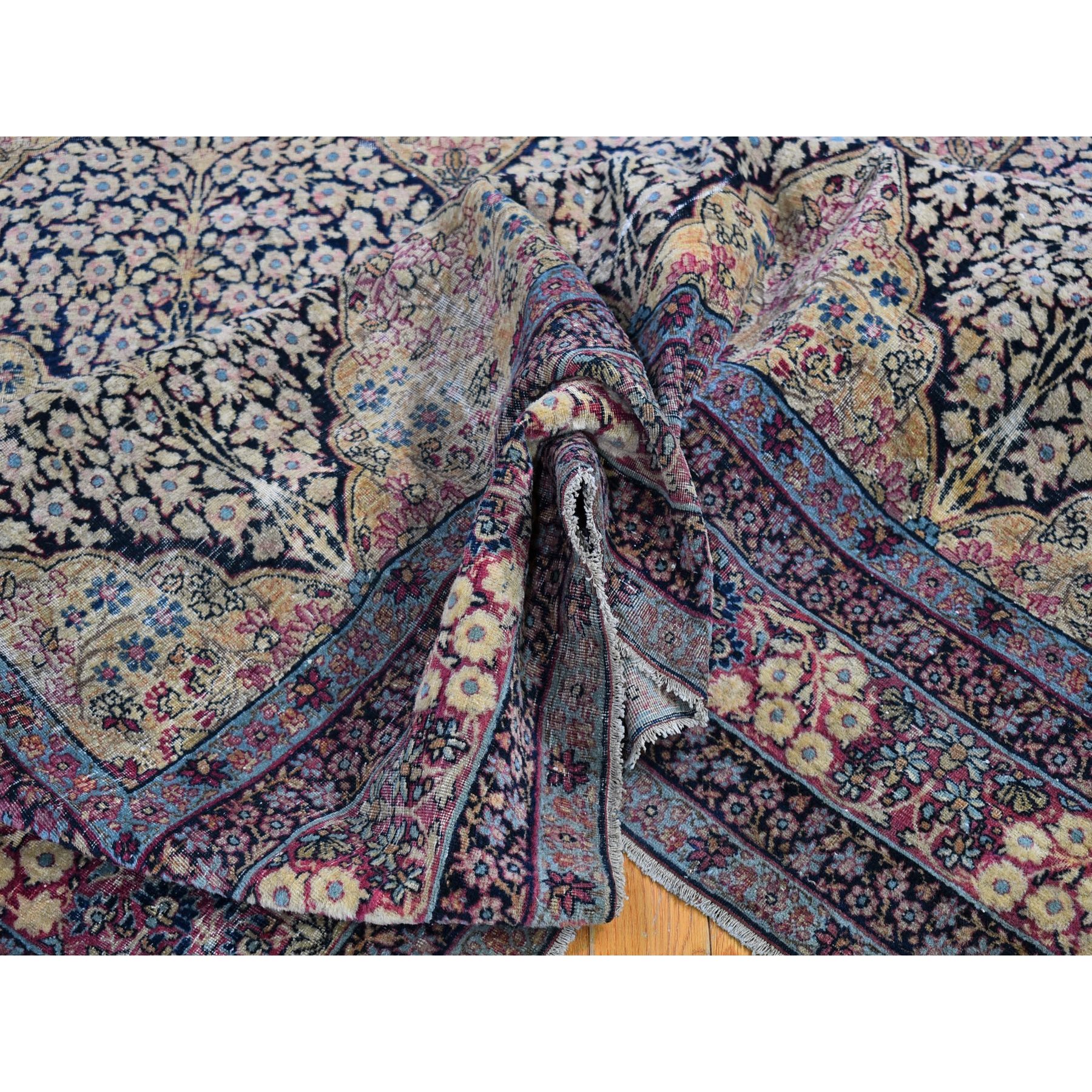 7'x10'5" Beige Antique Persian Kermanshah Signed Worn Areas Clean Garden Design Pure Wool Hand Knotted Oriental Rug Sh66259
