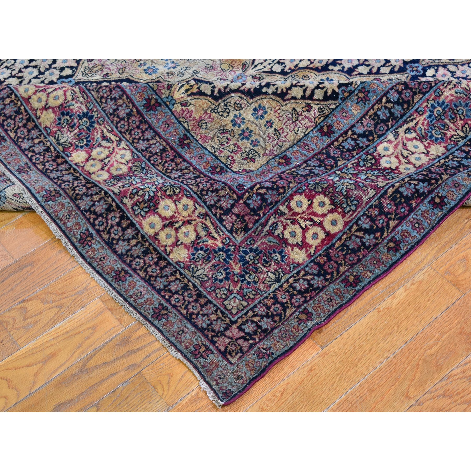 7'x10'5" Beige Antique Persian Kermanshah Signed Worn Areas Clean Garden Design Pure Wool Hand Knotted Oriental Rug Sh66259