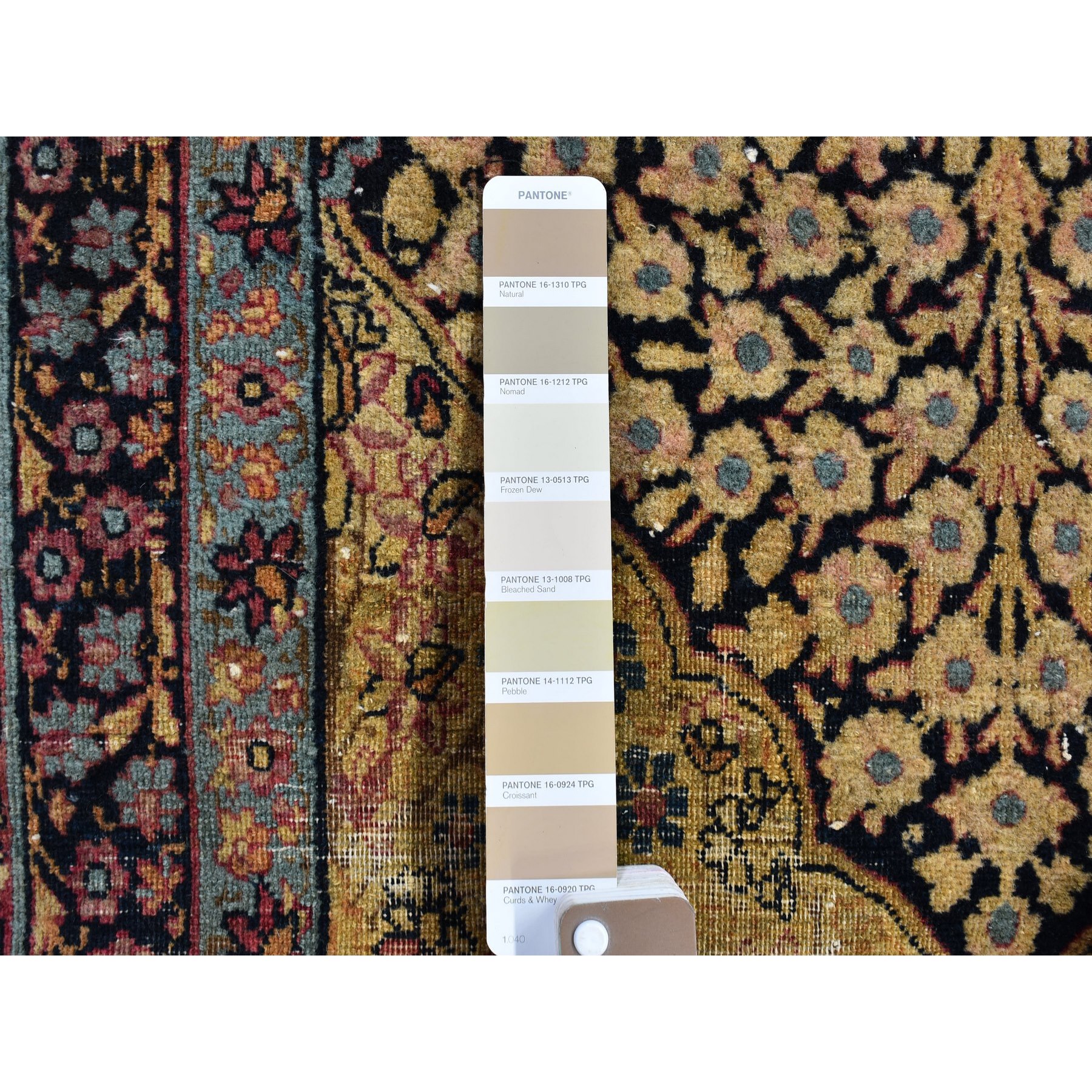 7'x10'5" Beige Antique Persian Kermanshah Signed Worn Areas Clean Garden Design Pure Wool Hand Knotted Oriental Rug Sh66259