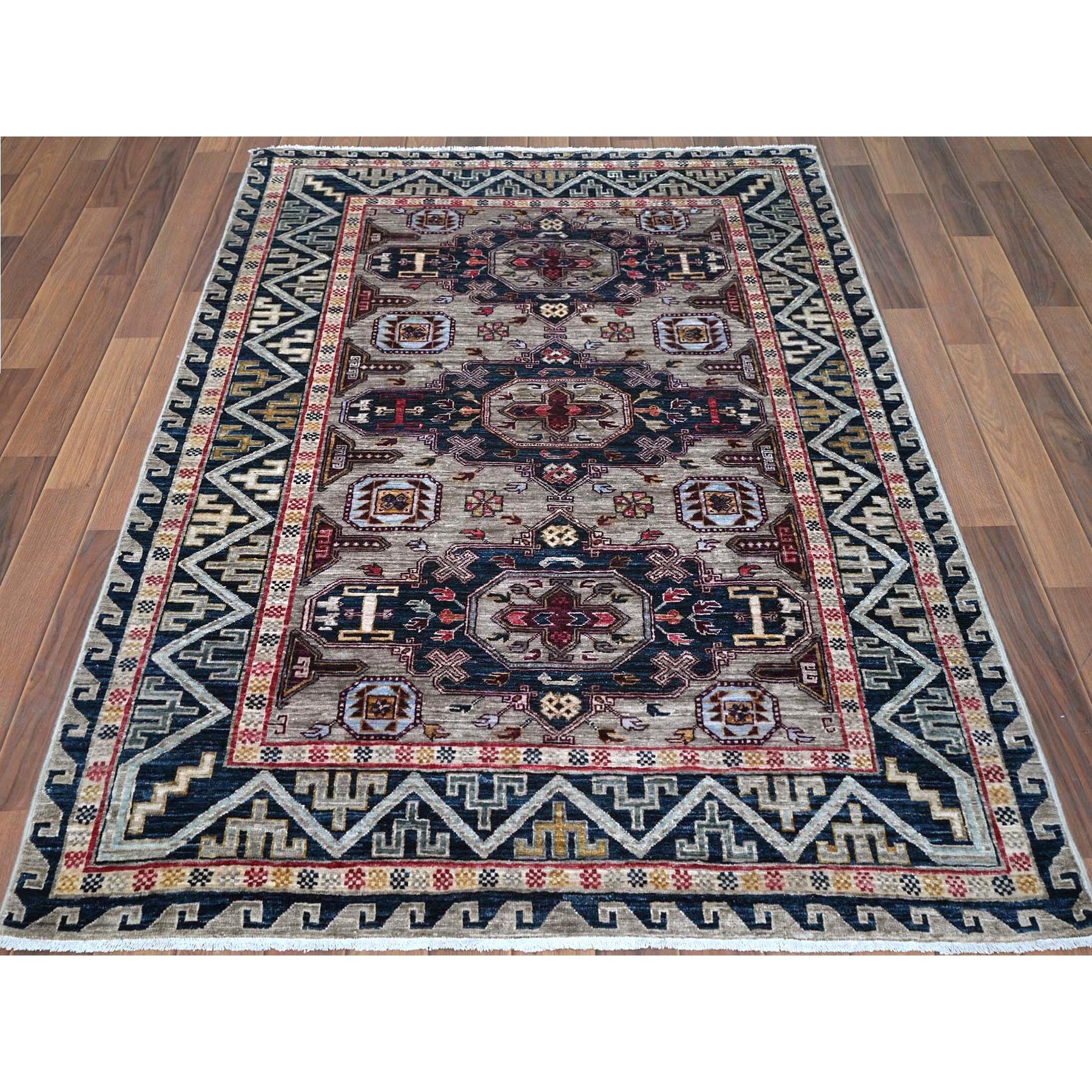 4'1"x5'10" Simple Taupe Armenian Design Kazak Super Dense Weave 100% Wool Hand Knotted Oriental Rug Sh66306