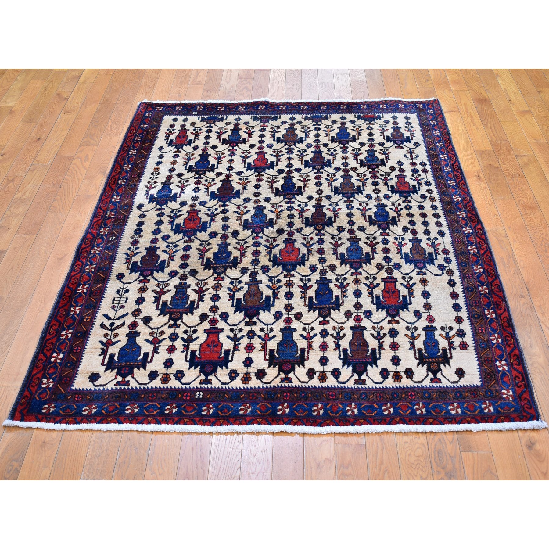 4'10"x7' Ivory Vintage North West Persian All Over Geometric Vase Design Pure Wool Hand Knotted Oriental Rug Sh66315