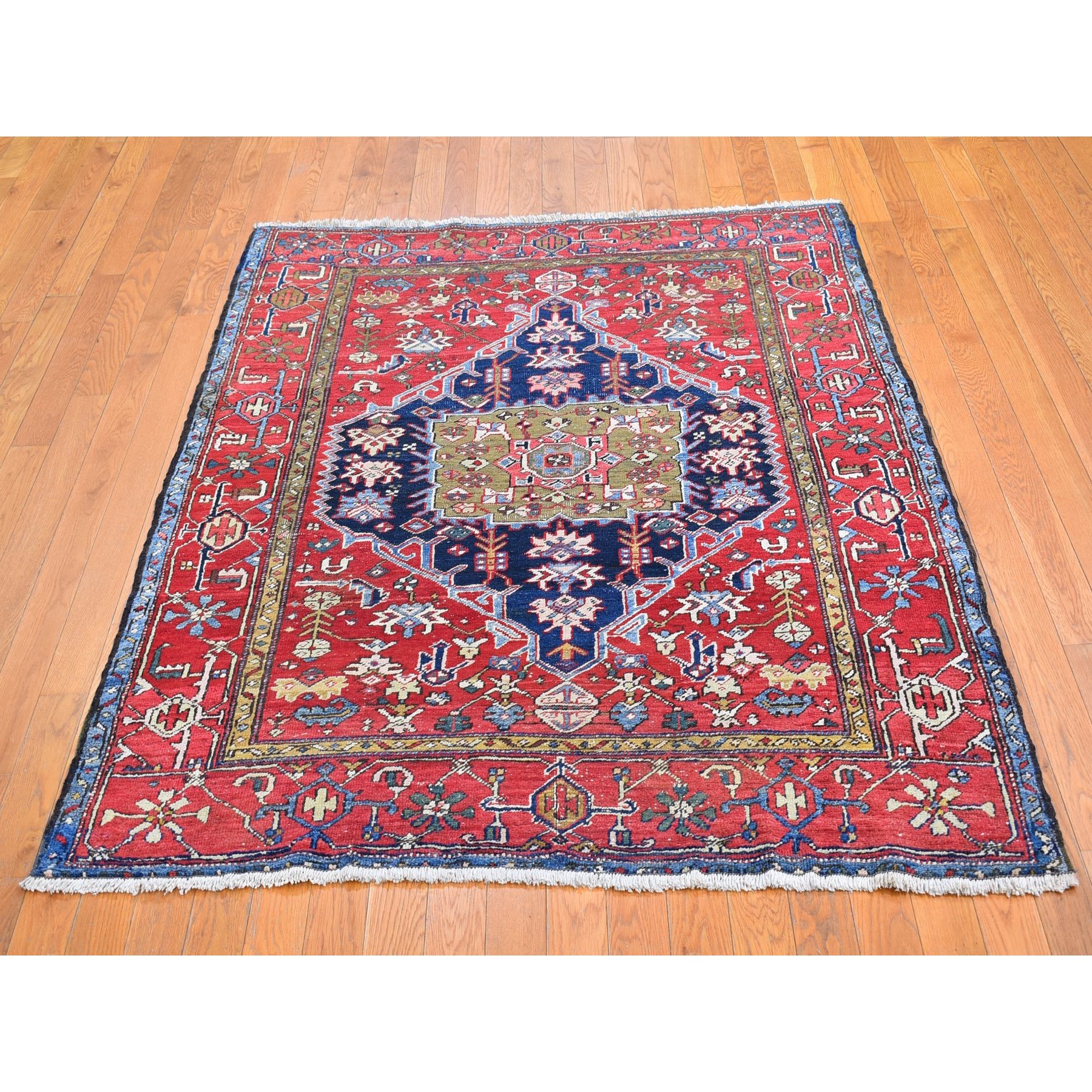 4'10"x5'10" Navy Blue Antique Persian Heriz Smaller Rare Size Natural Wool Good Condition and Clean Hand Knotted Oriental Rug Sh66322