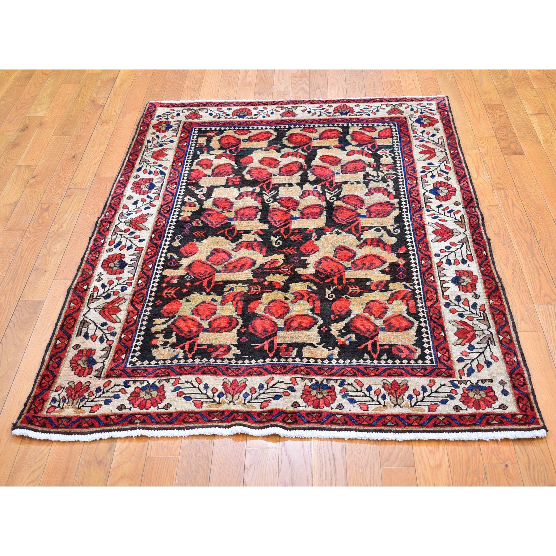 4'5"x6'1" Beige Vintage Persian Karabakh Rural Village Good Condition Pure Wool Hand Knotted Oriental Rug Sh66328