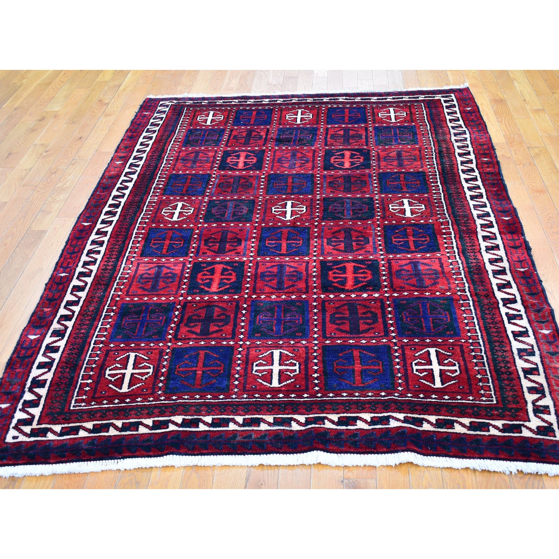 5'8"x8'6" Box Design Vintage Persian Hamadan Red Natural Wool Hand Knotted Oriental Rug Sh66341