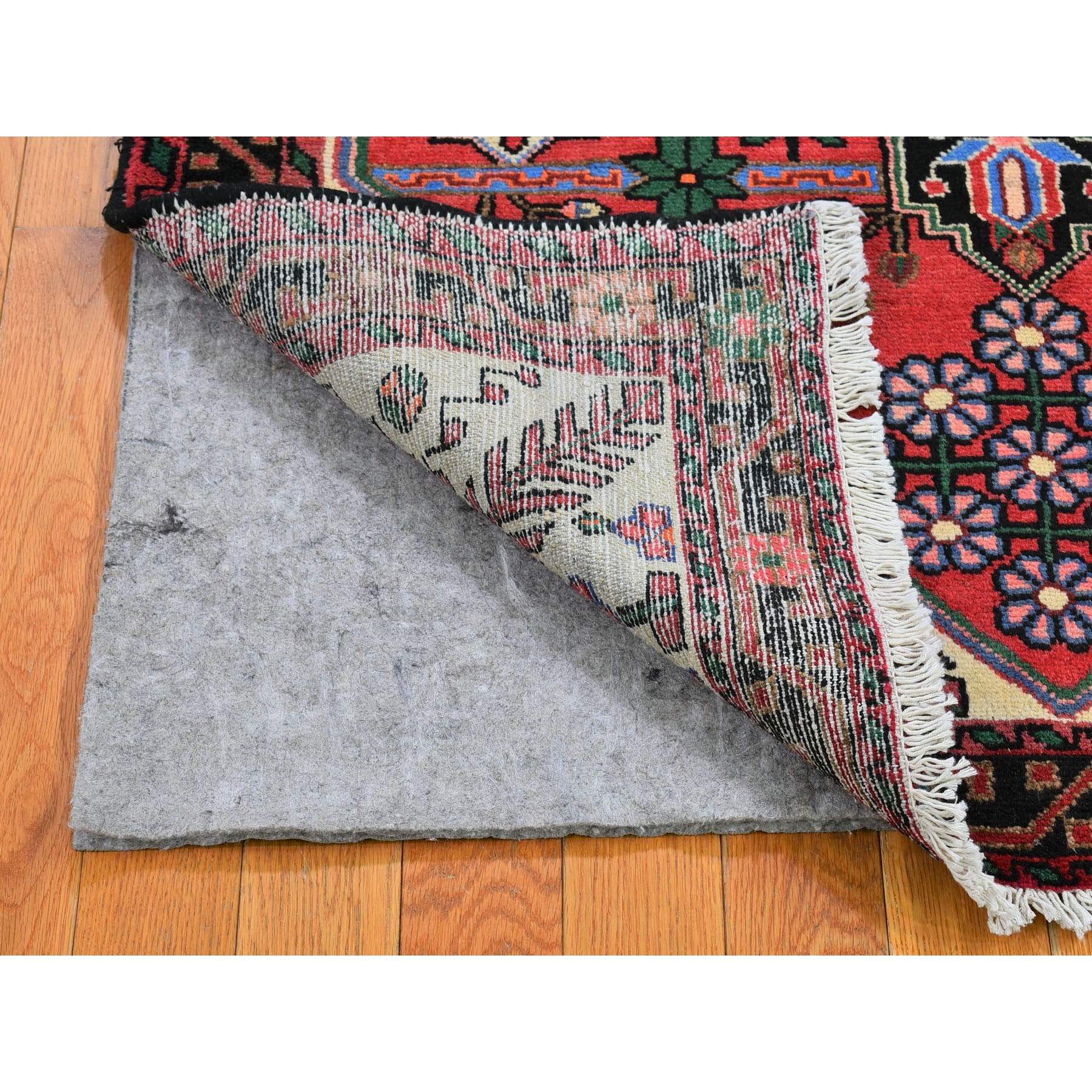 3'8"x5'3" Red Vintage Persian Hamadan Excellent Condition Tribal Design Pure Wool Hand Knotted Oriental Rug Sh66345