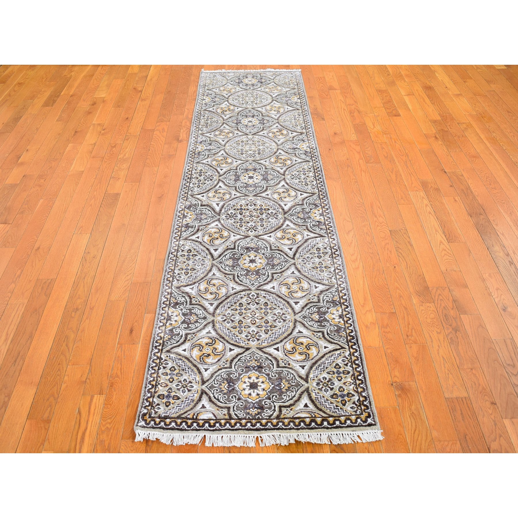 2'6"x10'1" Mughal Inspired Medallions Design Textured Wool and Silk Hand Knotted Brown Runner Oriental Rug Sh66356