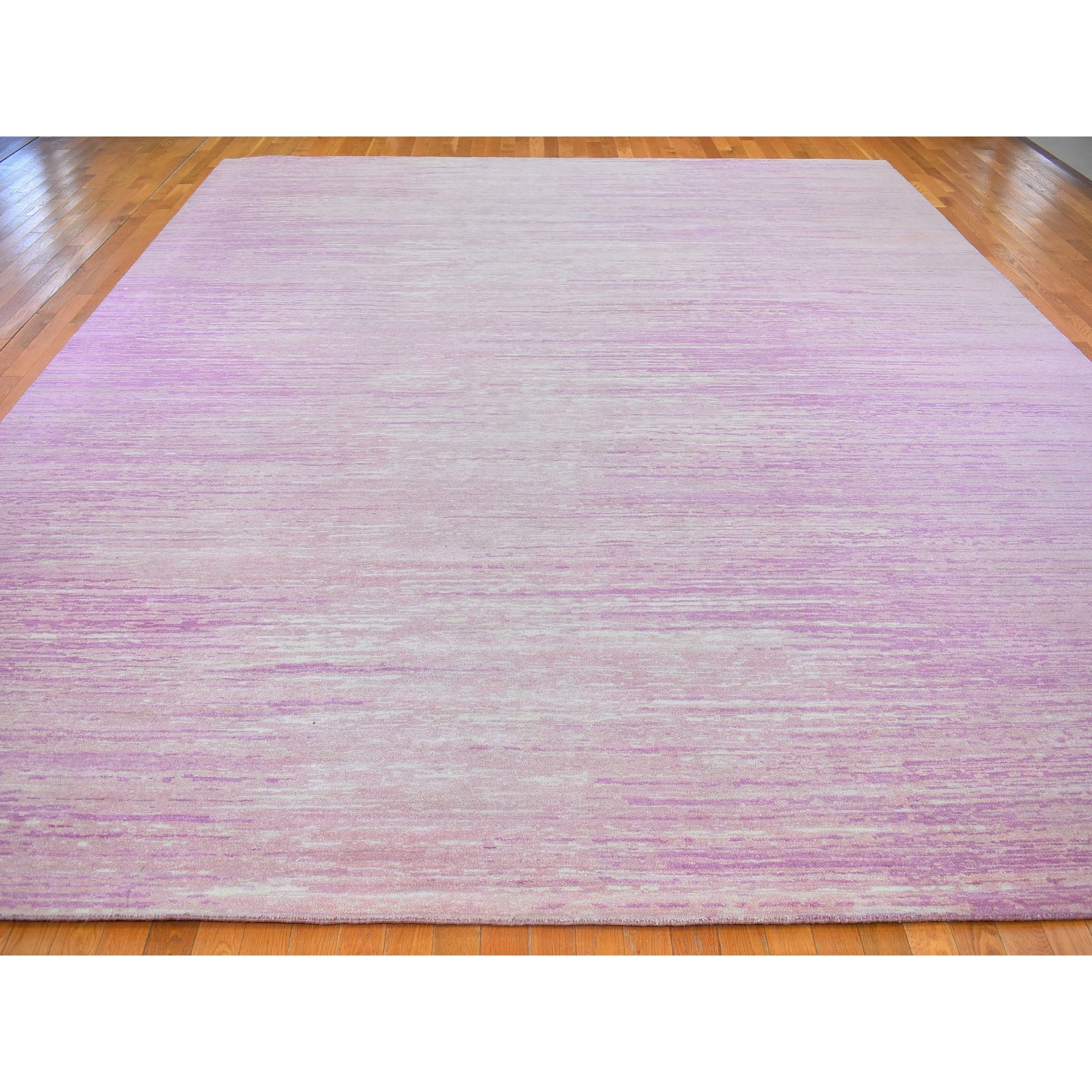 12'1"x15'2" Oversized Pink Thick and Plush Organic Wool Horizontal Ombre Design Hand Knotted Oriental Rug Sh66466